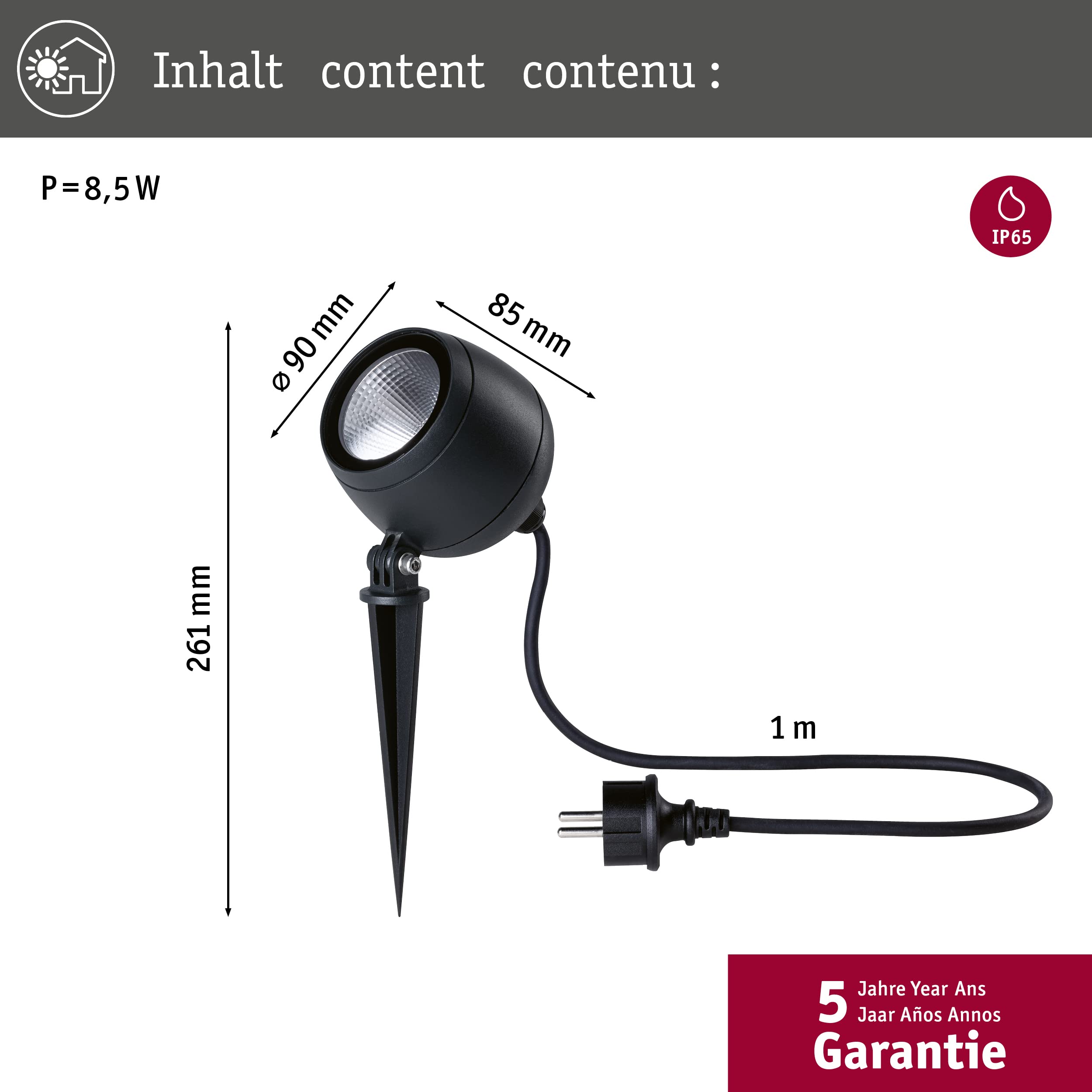 Paulmann 94777 LED reflektor ogrodowy Kikolo IP65 8W 520lm 261mm antracyt aluminium/tworzywo sztuczne 3000K 230V oprawa zewnętrzna