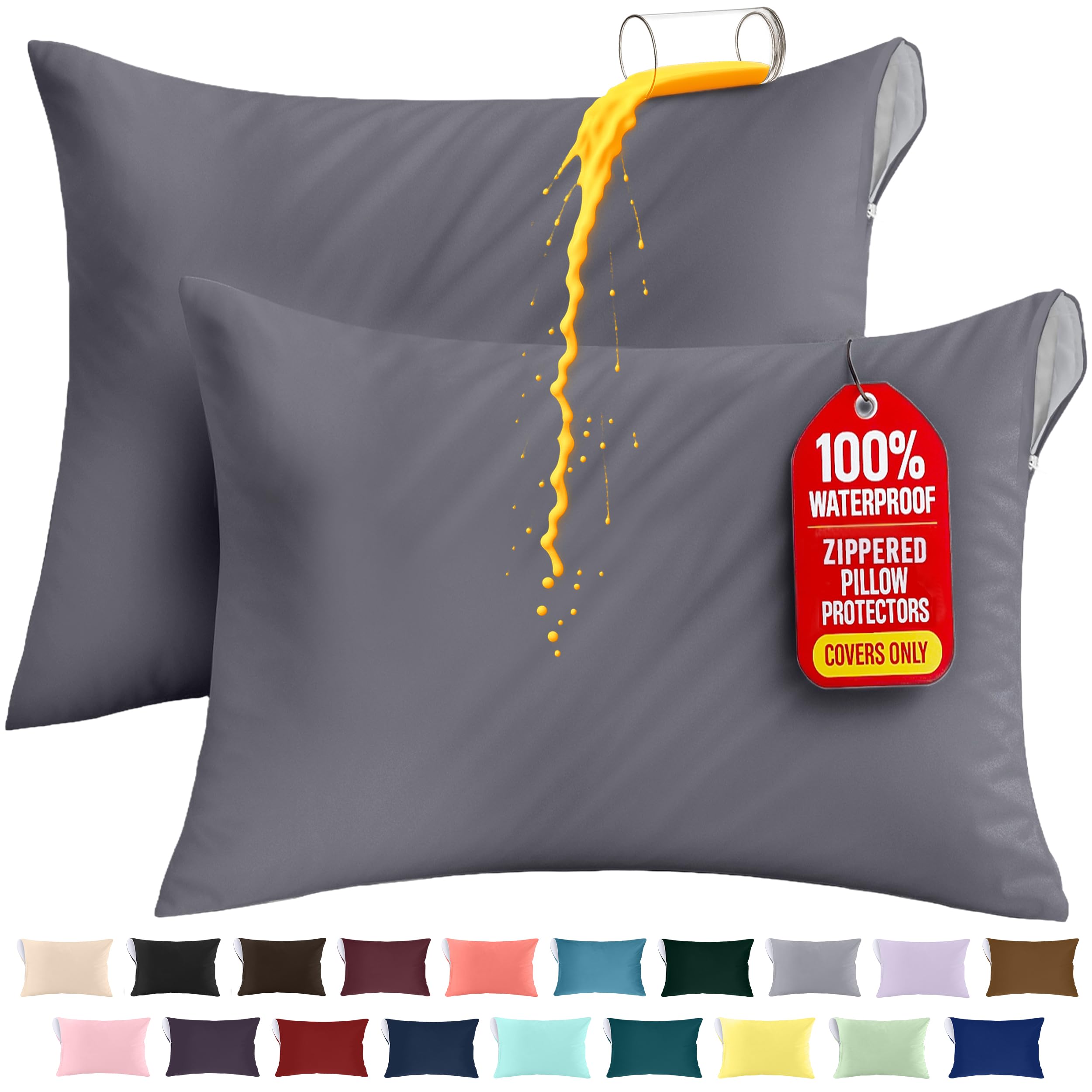 Premium 100% Waterproof Pillow Protectors with Zipper Queen Size (Set of 2), Bed Bug and Dust Mite Proof Zippered Pillow Covers, Pillow Encasement Cases, Gray