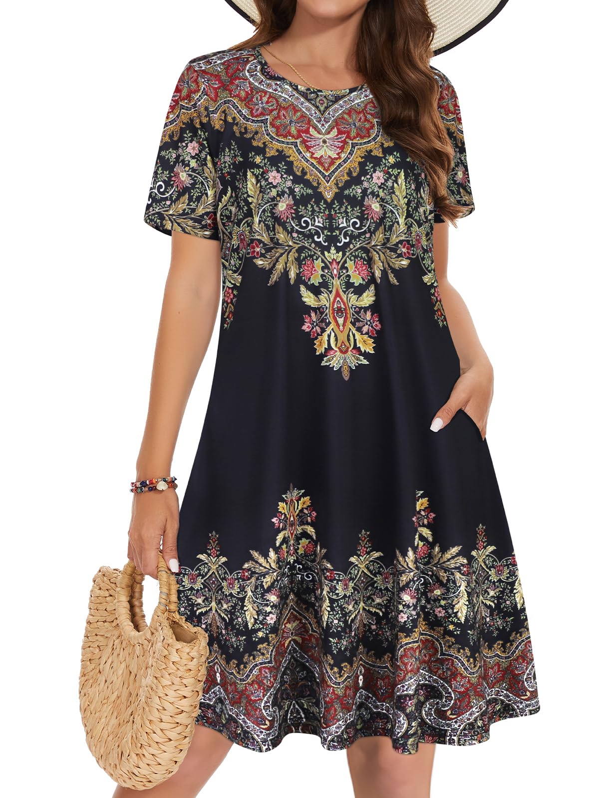 Summer Dresses for Women Beach Floral Tshirt Sundress Sleeveless Pockets Casual Loose Tank Dress-image-16