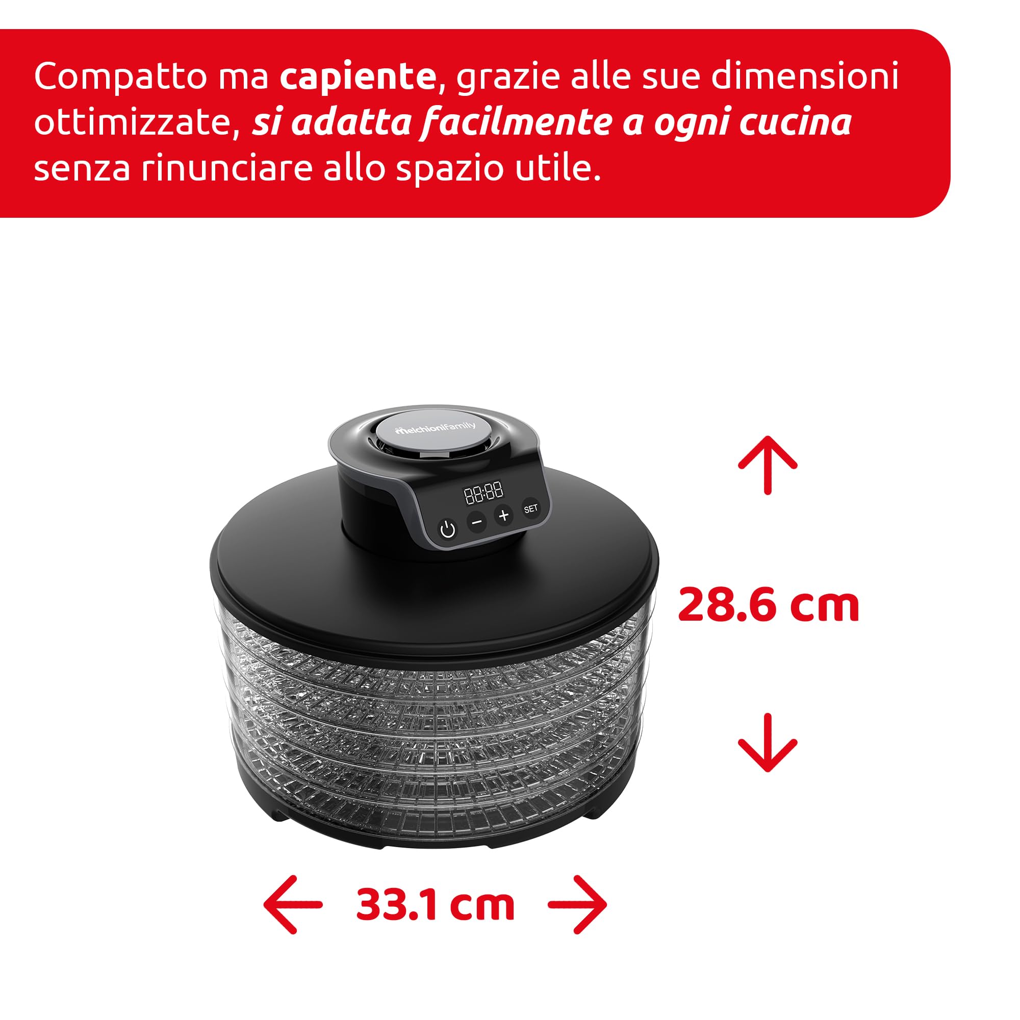Melchioni Family | Essiccatore digitale TOWER, 5 ripiani regolabili, essiccazione di frutta, verdura, funghi 250W Alimentazione: 220-240V ~ 50/60Hz