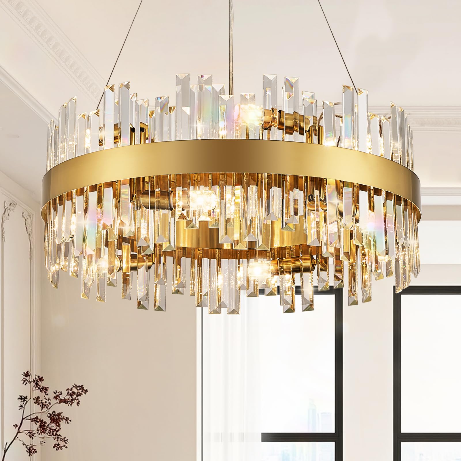 YOLIZUOT 24'' Modern Gold Crystal Chandeliers, 12-Lights K9