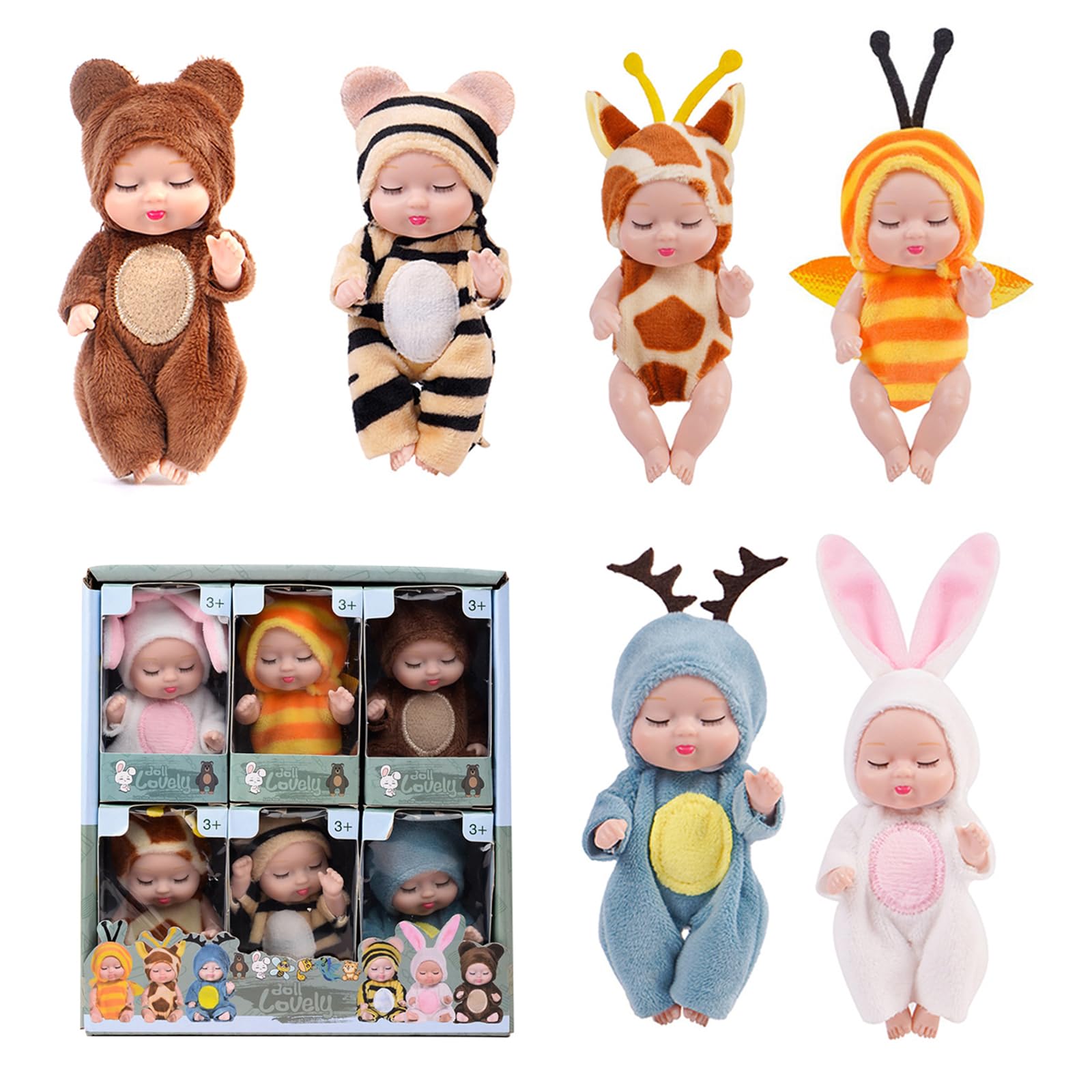 KUWUNG Mini Reborn Dolls,6 Pcs Sleeping Rebirth Dolls with Animal Clothes, Miniature Reborn Doll Toys, Washable Lifelike Newborn Baby Doll, Realistic Mini Baby Dolls for Kids Toddler Girls Boys Gift