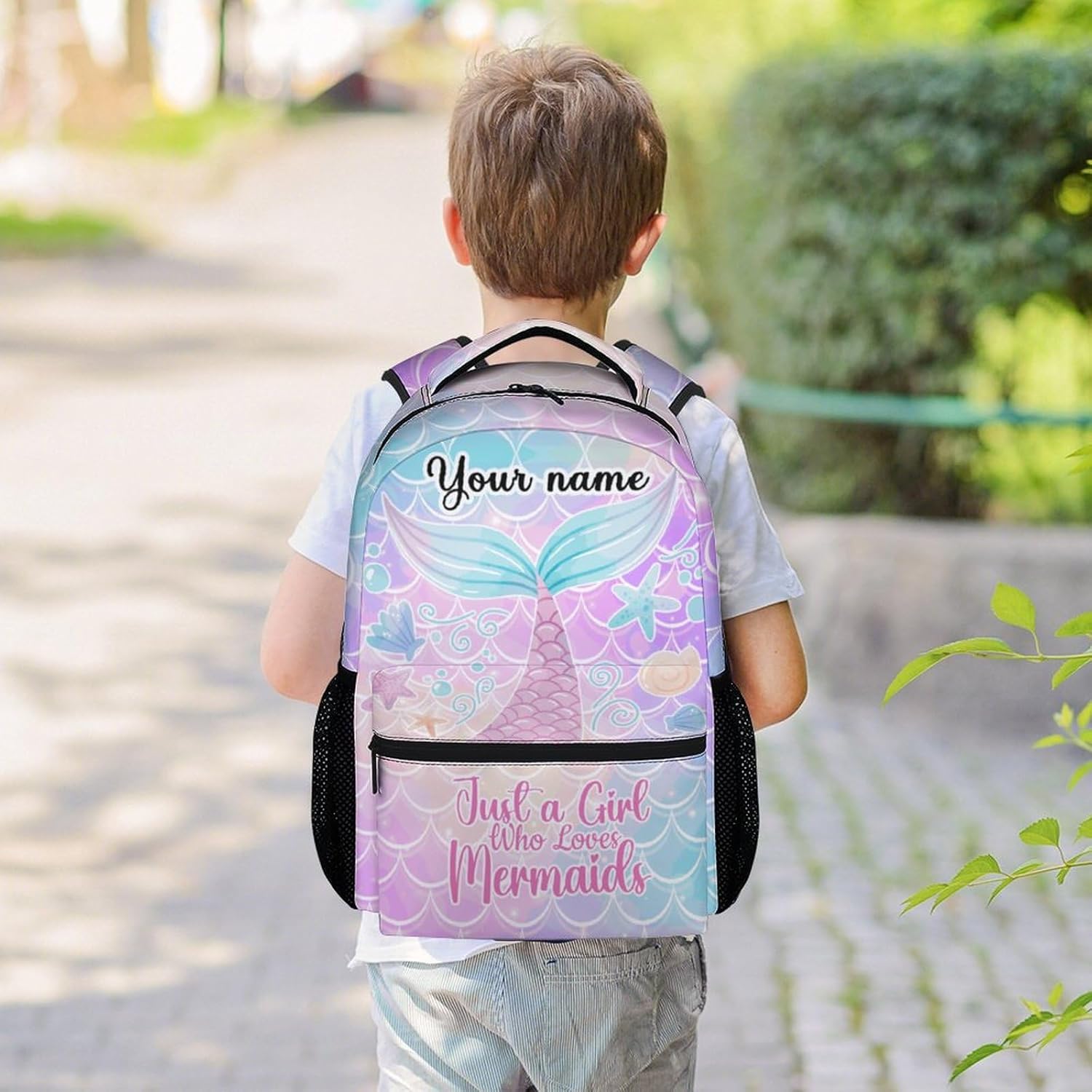 Personalized Mermaid School Backpack for Girls, 16 Inch Pink Backpacks for Kids, Cartoon, Durable, Lightweight, Large Capacity Bookbag for Travel