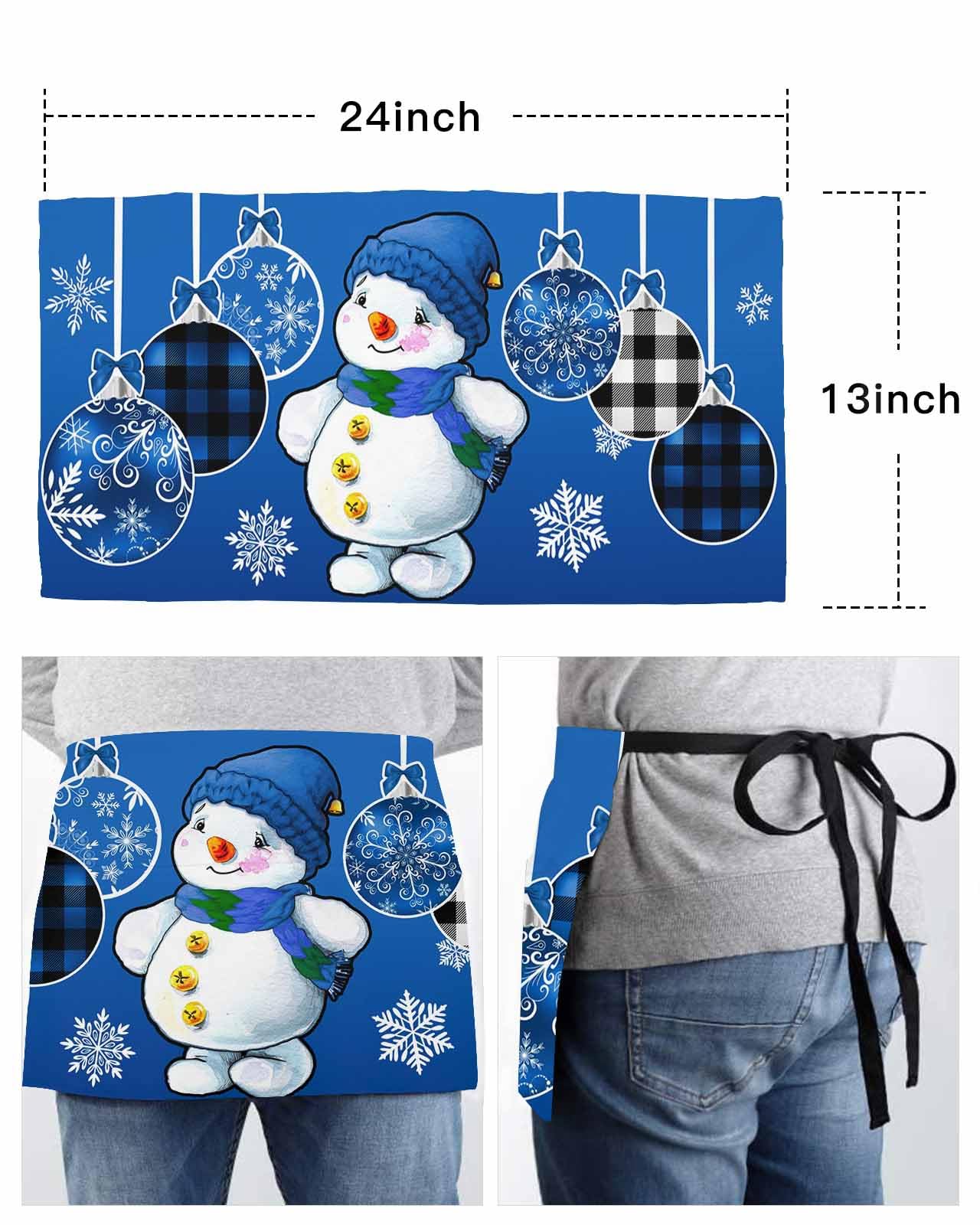 DecorLovee Delantal de camarera de Navidad con 3 bolsillos, muñeco de nieve de Navidad, bolas rojas, copo de nieve, delantal de cocina de media cintura