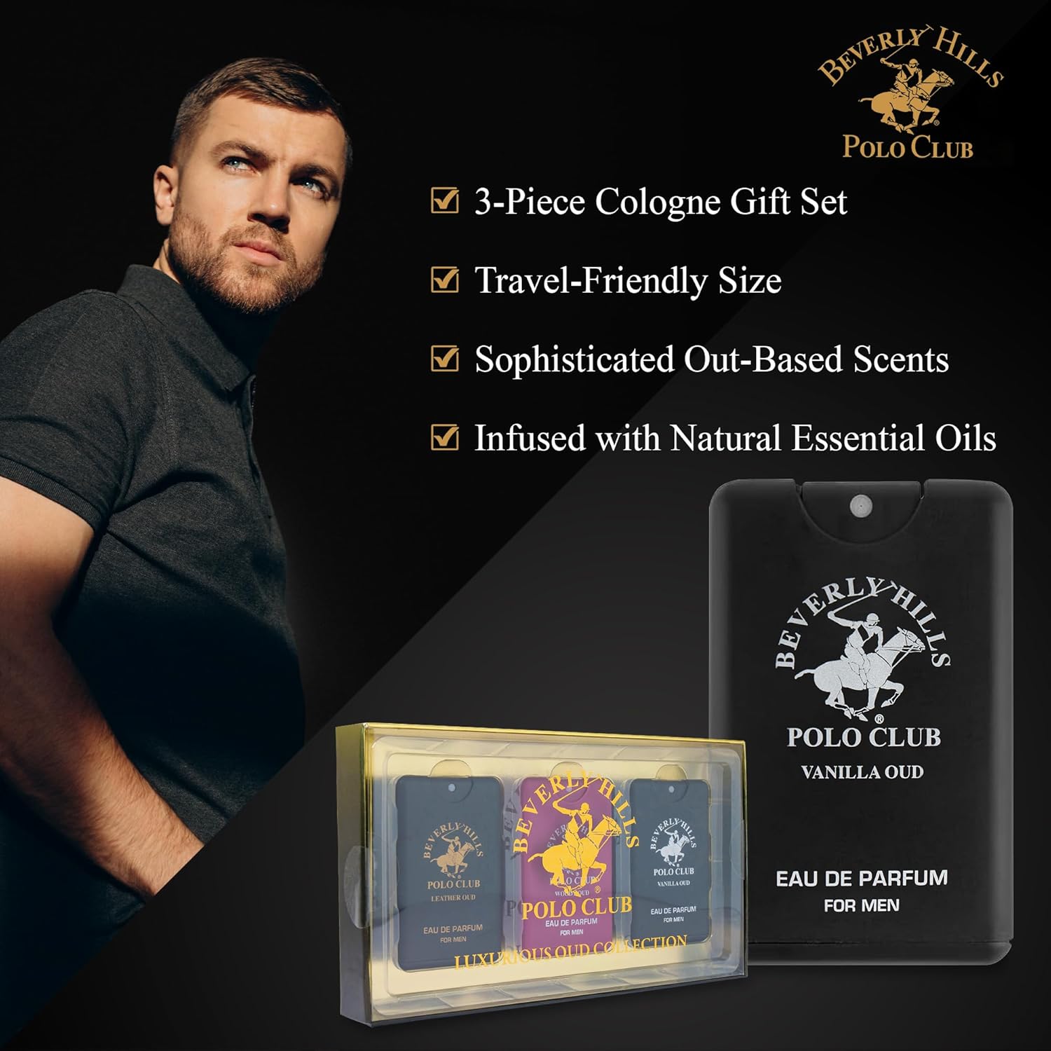 Beverly Hills Polo Club BHPC Men's Oud Collection 3PC Pocket Spray Set | Luxury Eau de Parfum Travel Size Cologne for Him | Leather, Woody, Vanilla Scents - Image 6