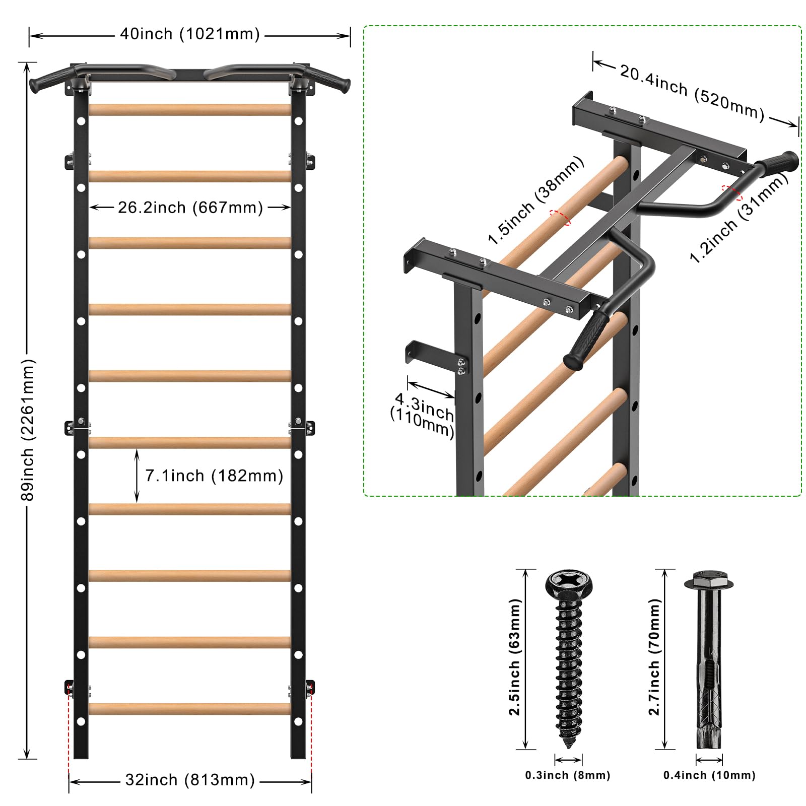 Kipika Turnreck – 5,1 x 5,1 cm schwedische Leiter mit 2,5 cm Loch, wandmontierter Klimmzugstangen-Leiter-Schlingentrainer, Gymnastik-Trainingsreck mit Massivholzgriffen für Zuhause, Wandturnhalle