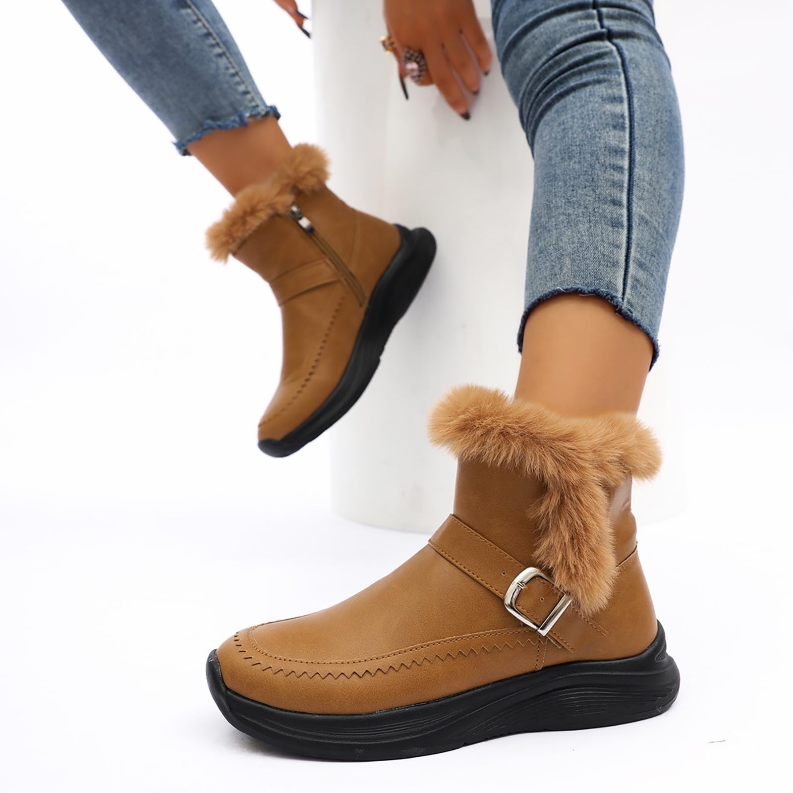 Cocila Botines Mujer con Cremallera Lateral En El Puño Y Correa De Hebilla, Botas Cómodas Invierno para Ante Azul Altas Tacon Negros Barefoot Planos Piel Zapatillas Blancas Zapatos Baile Latino