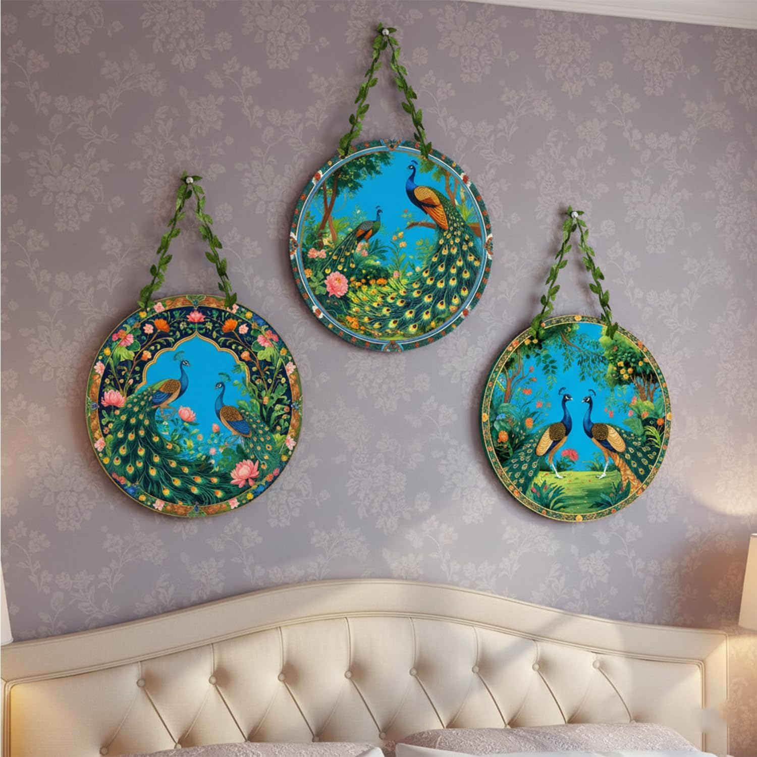 SUKSHMA Peacock Round Wall Art Hanging Plates, Set of 3 | Mughal Art Design, Floral Motifs, Vine Rope Hanger, Bedroom Decor, Vibrant Colours-image-19