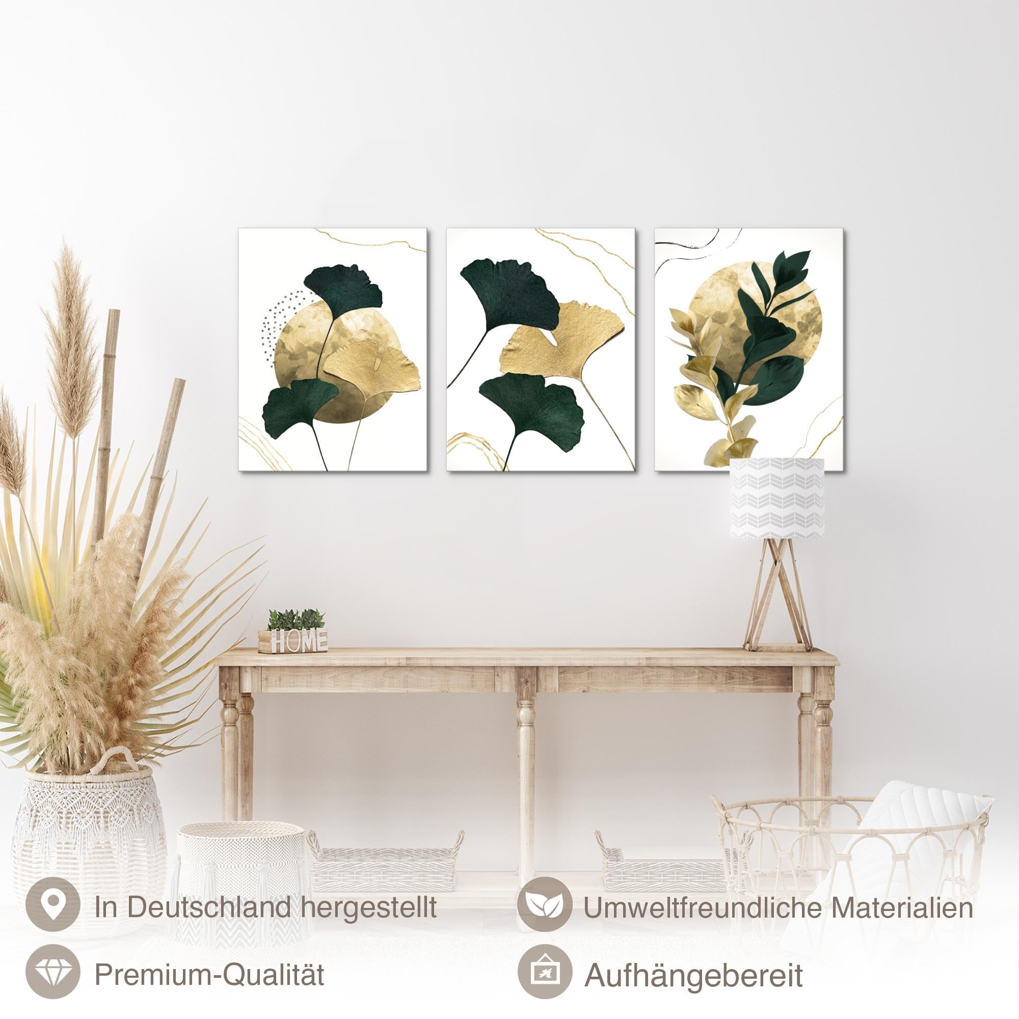 Novart Wandbilder Set Goldene Blätter - KOMPLETT AUFHÄNGFERTIG - Wohnzimmer Schlafzimmer Flur Deko - 3 Moderne Bilder Gelb Frün - N033135b
