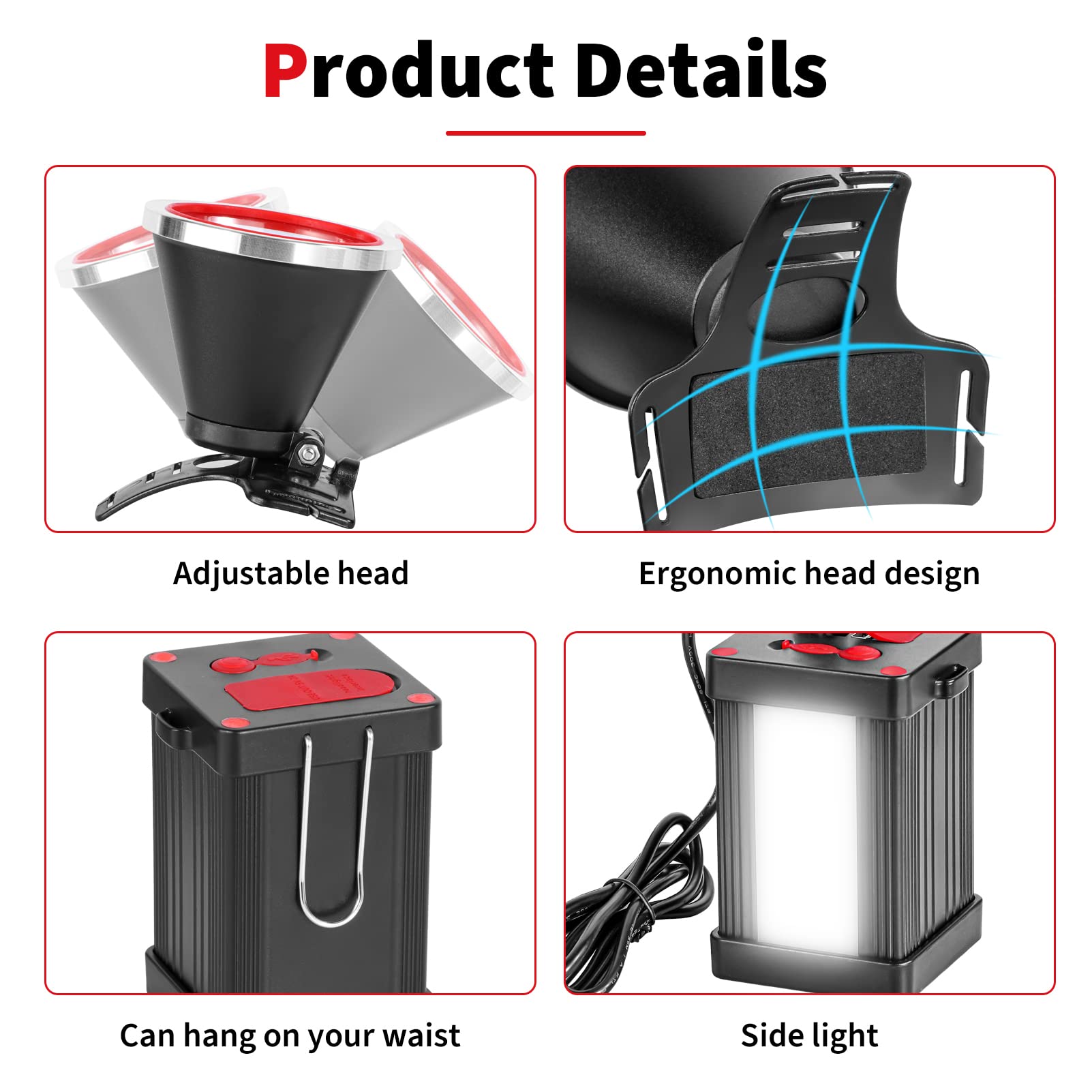 Kitness Lampe frontale LED puissante et rechargeable avec lumière latérale extérieure pour camping, chasse, pêche, extérieur (lumière blanche)