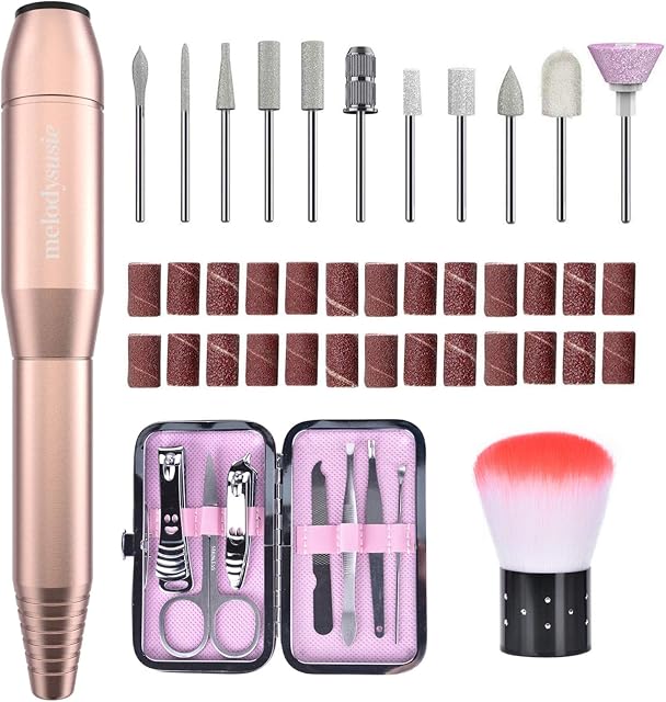MELODYSUSIE Sheen Electric Nail Files 20000RPM for Beginners, Professional Compact Nail Drill Machine Set for Acrylics Nails, Efile with Nail Clippers Manicure and Pedicure Set, with UK Plug, Gold