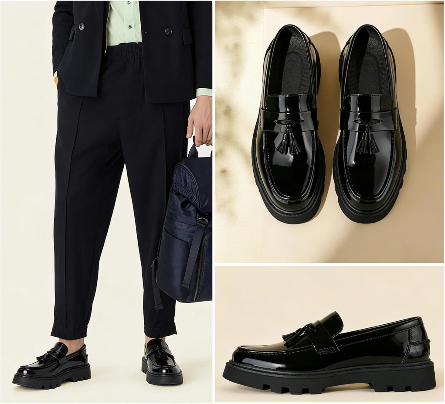 Men's Leather Platform Loafers,Fashion Tassel Platform Loafers Slip on Lug Sole Low Block Heel Business Dress Shoes Work Office Casual Shoes Black