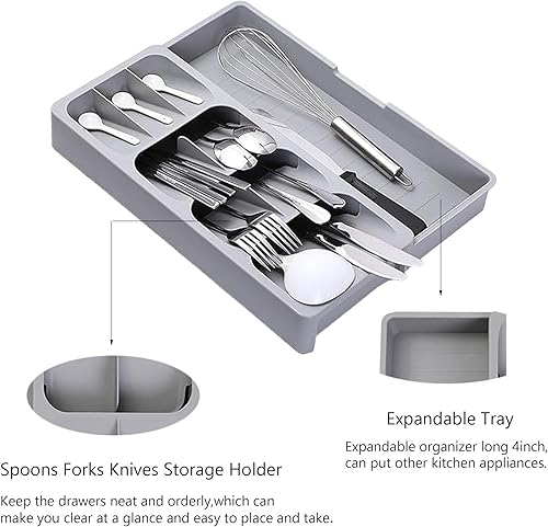 Miniatura 3 de Organizador de cajones de cubiertos con bandeja expandible para cajón de cocina, almacenamiento de utensilios de cocina compacto ajustable para