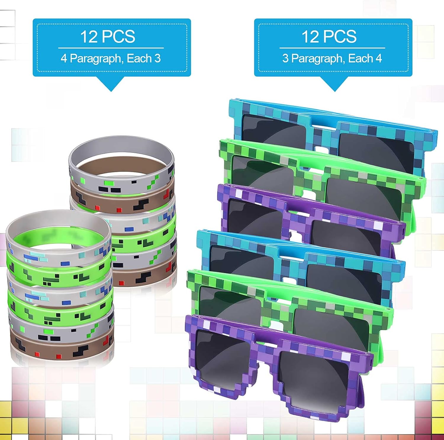 24 Pieces Miner Party Set Include 12 Pixel Gamer Sunglasses Pixelated Glasses,12 Pixelated Theme Bracelet Miner Wristbands for Kids Adults Pixelated Style Game Player Birthday Party Favors
