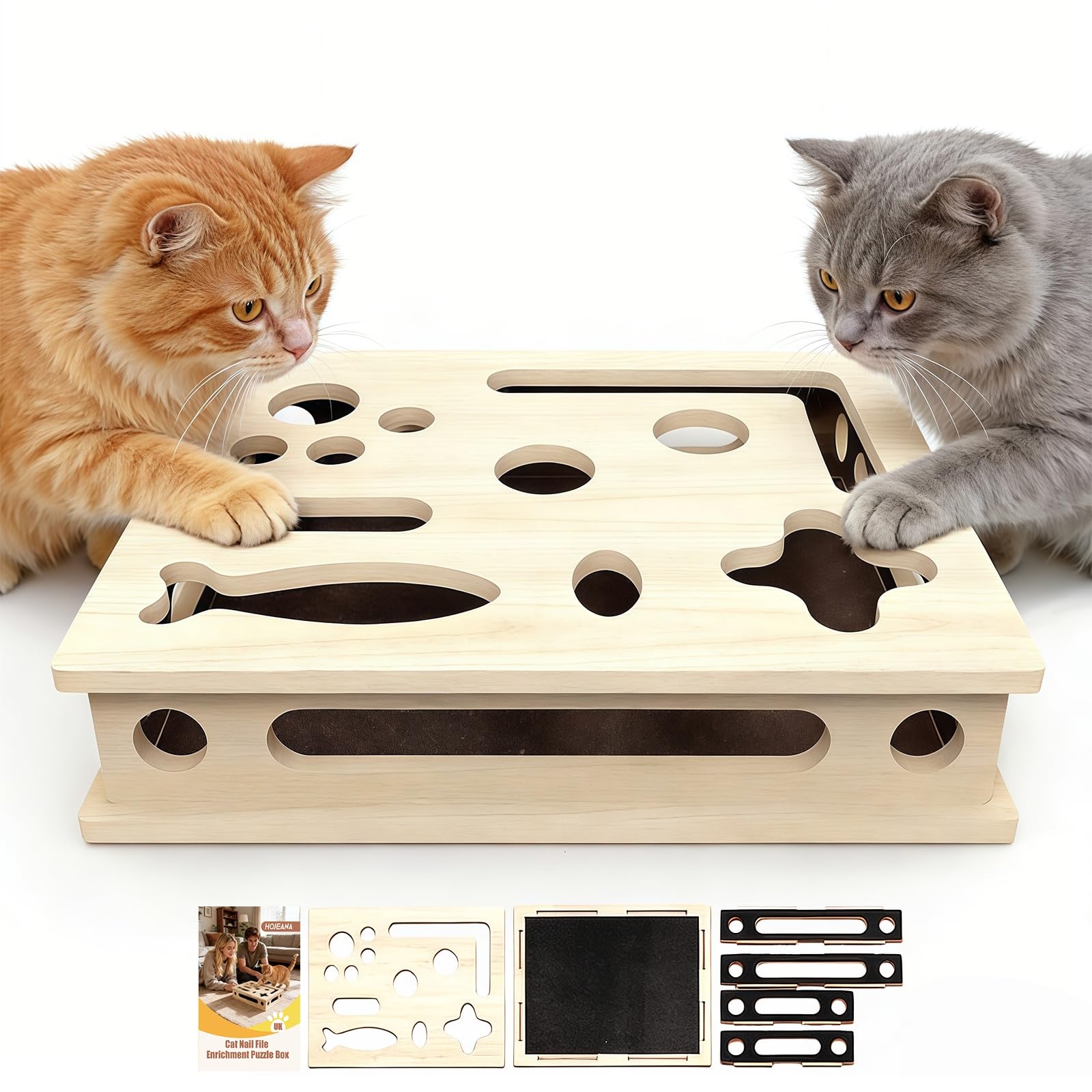 HOJEANA Cat Scratch Puzzle Enrichment Box, Large Solid Wood Cat Nail File Box for Indoor Cats, Interactive Cat Nail File Toy with Sandpaper — Stress-Free Claw Care Alternative (No Bell Ball)(Large)