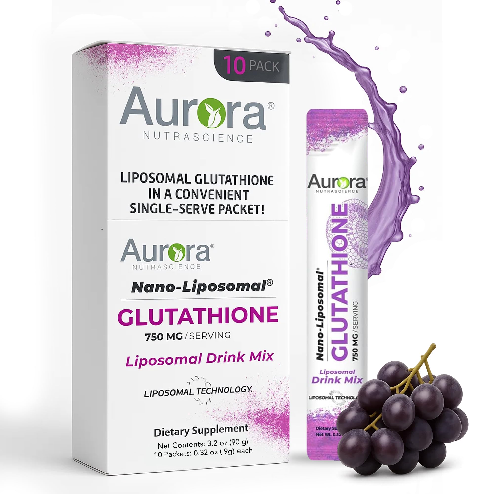 Aurora Nutrascience Nano-Liposomal Glutathione, Grape Powdered Drink Mix Immune & Antioxidant Gut Health Support Supplement, 750 mg per Serving, Non-GMO, Sugar-Free, 10 Single Serve Packets
