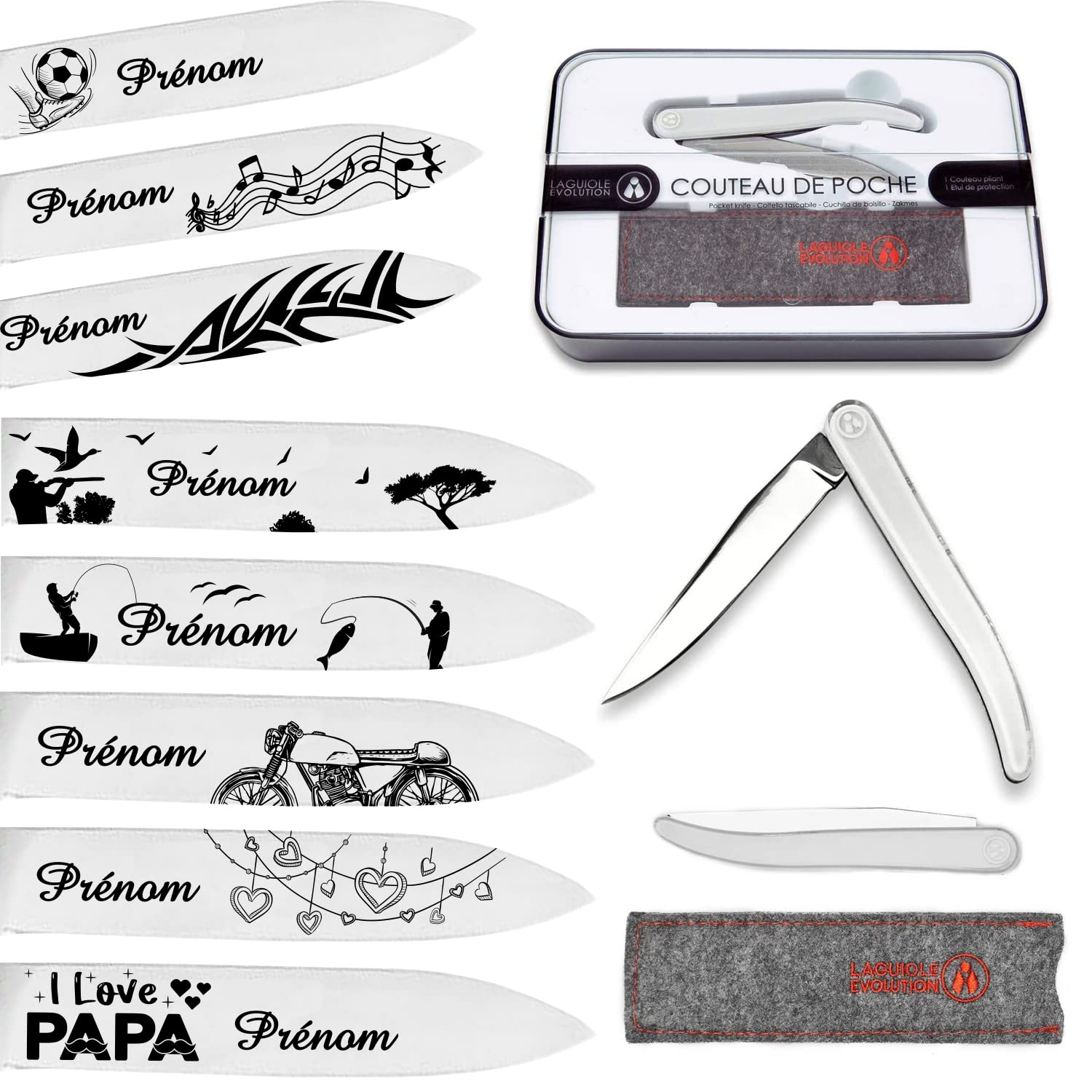 Gravure Events - Couteau Laguiole Evolution Blanc personnalisé avec le prénom et le dessin de votre choix gravé sur la lame