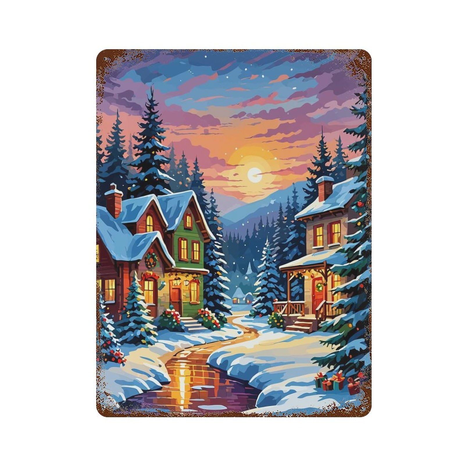 Snowy Christmas Village Decorative Tin Sign 15.7"x11.8", for Bistro, Counter And Cafe Decor, Classic Wall Plaque