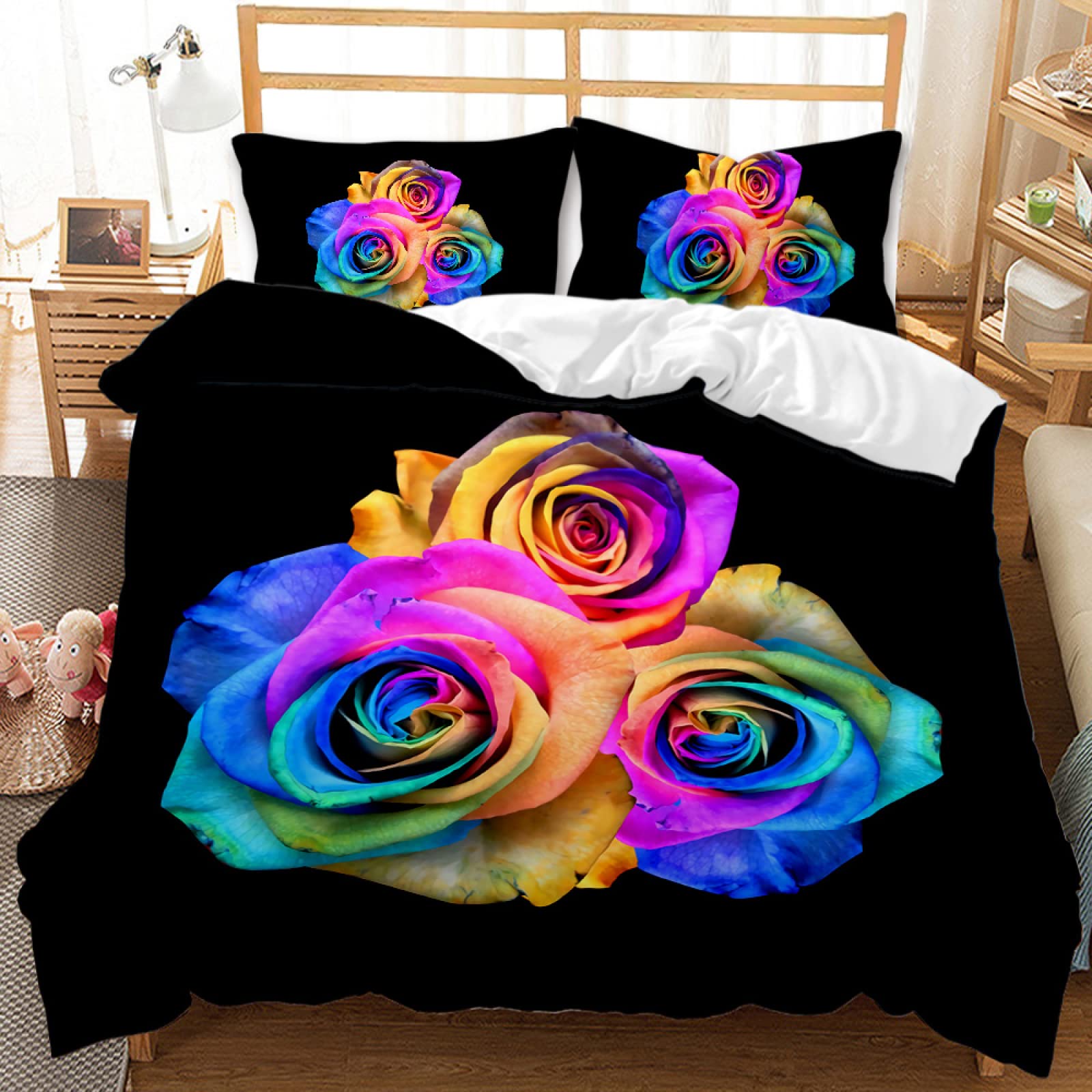 Housse de couette 160x200 anti-plis microfibre parure lit ado rose noire