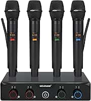 MELONARE Sistema de microfone sem fio de 4 canais, conjunto compacto de microfones sem fio UHF com frequências 4 x 10, alcance de 60 m, microfone de mão dinâmico para cantar, karaokê, igreja, DJ,