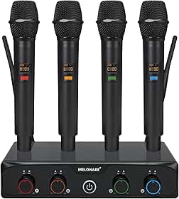 MELONARE Sistema de microfone sem fio de 4 canais, conjunto compacto de microfones sem fio UHF com frequências 4 x 10, alcance de 60 m, microfone de mão dinâmico para cantar, karaokê, igreja, DJ,