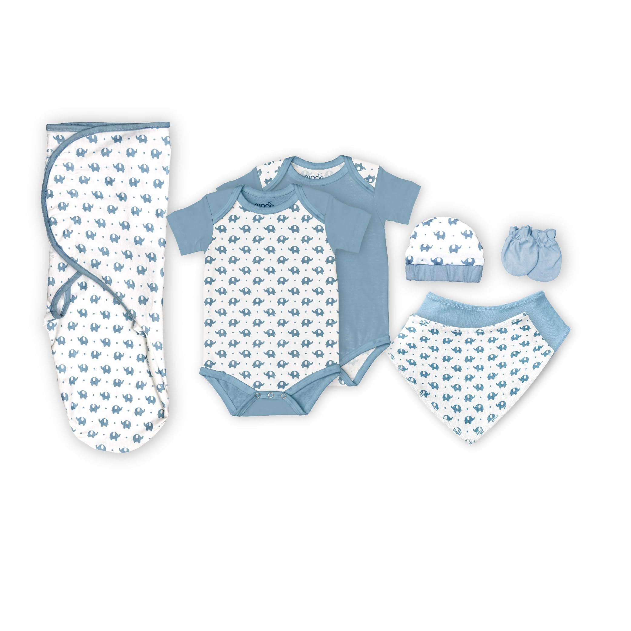 The Moon brandOrganic Baby Gift Set 0f 7 RompersSwaddleBibsHatMitten set– for 3-6 Months Full Sleeve, Pure Cotton Soft, Smooth, and Machine Washable Breathable Fabric - Blue