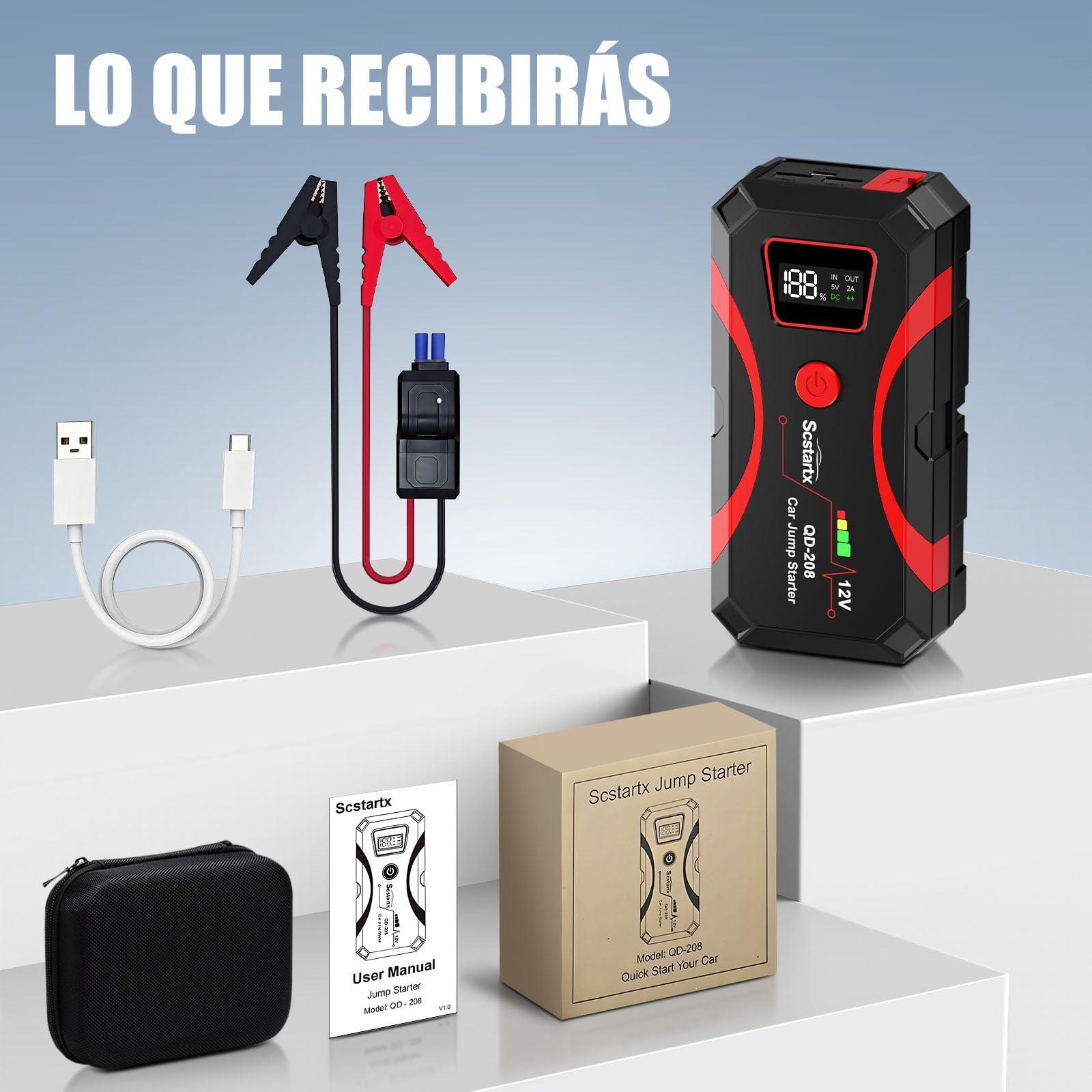 Arrancador de Batería para Coche, Batería Portátil 2000A de Corriente Máxima para Motocicletas y Vehículos de hasta 8L Gasolina y 6L Diésel, Linterna con 3 Modos y Puentes de Seguridad