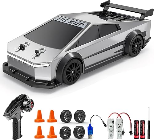 LAZZAROU Coche de deriva a control remoto, juguete Cybertruck a escala 124, autos de control remoto de alta velocidad 4WD con luces LED y neumáticos
