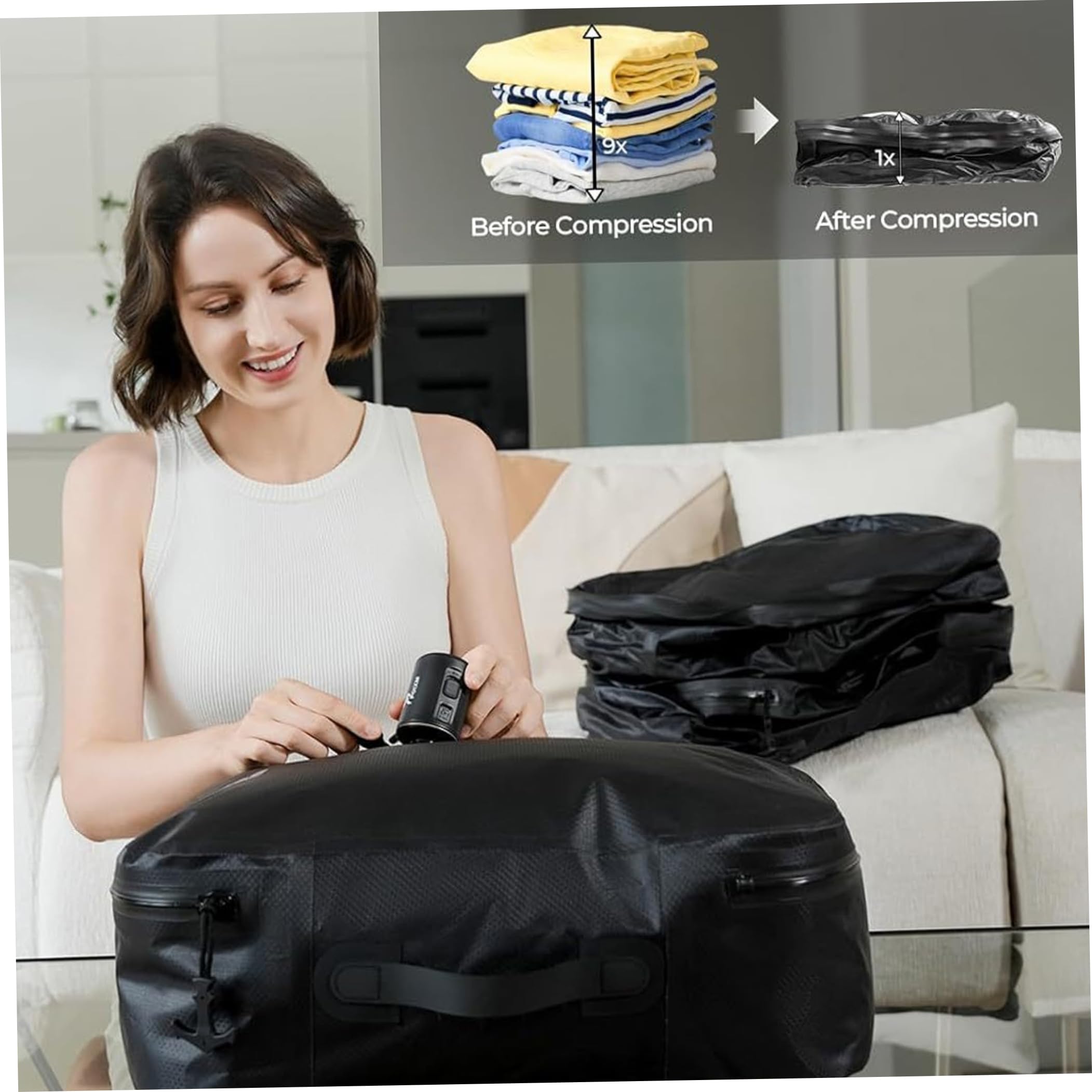Bolsas de vacío para equipaje, bolsas de compresión grandes que ahorran espacio, color negro
