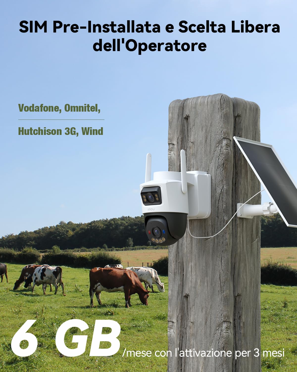 Imou 10MP(5MP+5MP) Telecamera Pannello Solare 8W con Doppia Lente, Telecamera Wi-Fi Esterno 4G con SIM Card, AOV Registrazione 24/7, Rilevamento Umano/Veicoli, 10000mAh Batteria, Micro SD 128GB, IP65
