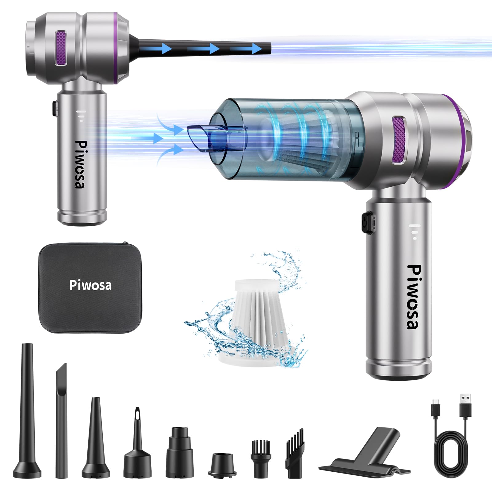 Portable Handheld Vacuum with Strong Suction & Brushless Motor - Wireless Car Cleaner with LED Light & Compressed Air Duster