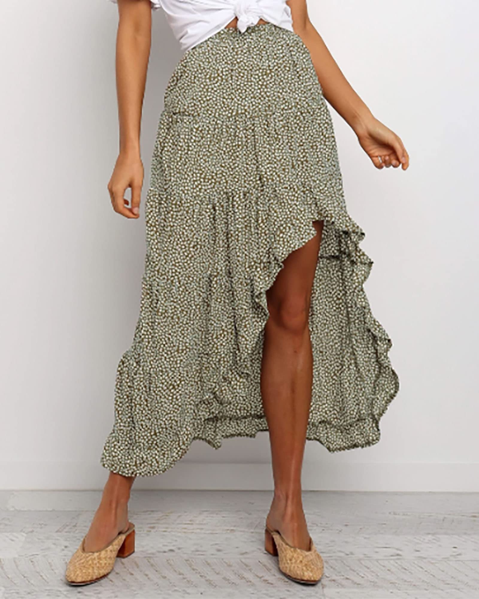 BTFBM Women 2026 Spring Summer Long Skirts Dress Boho Floral Elastic Waist Split Ruffle High Low Beach Maxi Skirt Clothes: Green Large