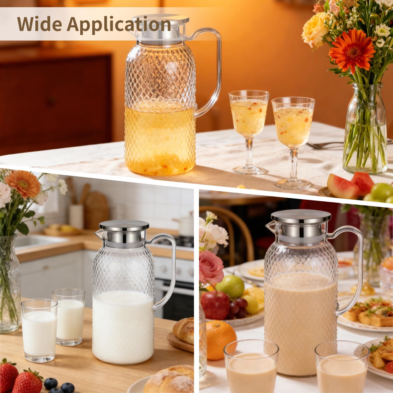 2 Stk. 1,8 L Wasserkaraffen, durchsichtiger Krug mit Edelstahldeckel und Siebeinsatz, Kühlschrank-Getränkekanne für Eistee Saft Sangria Limonade Kaffee, hitzebeständig mit ergonomischem Griff