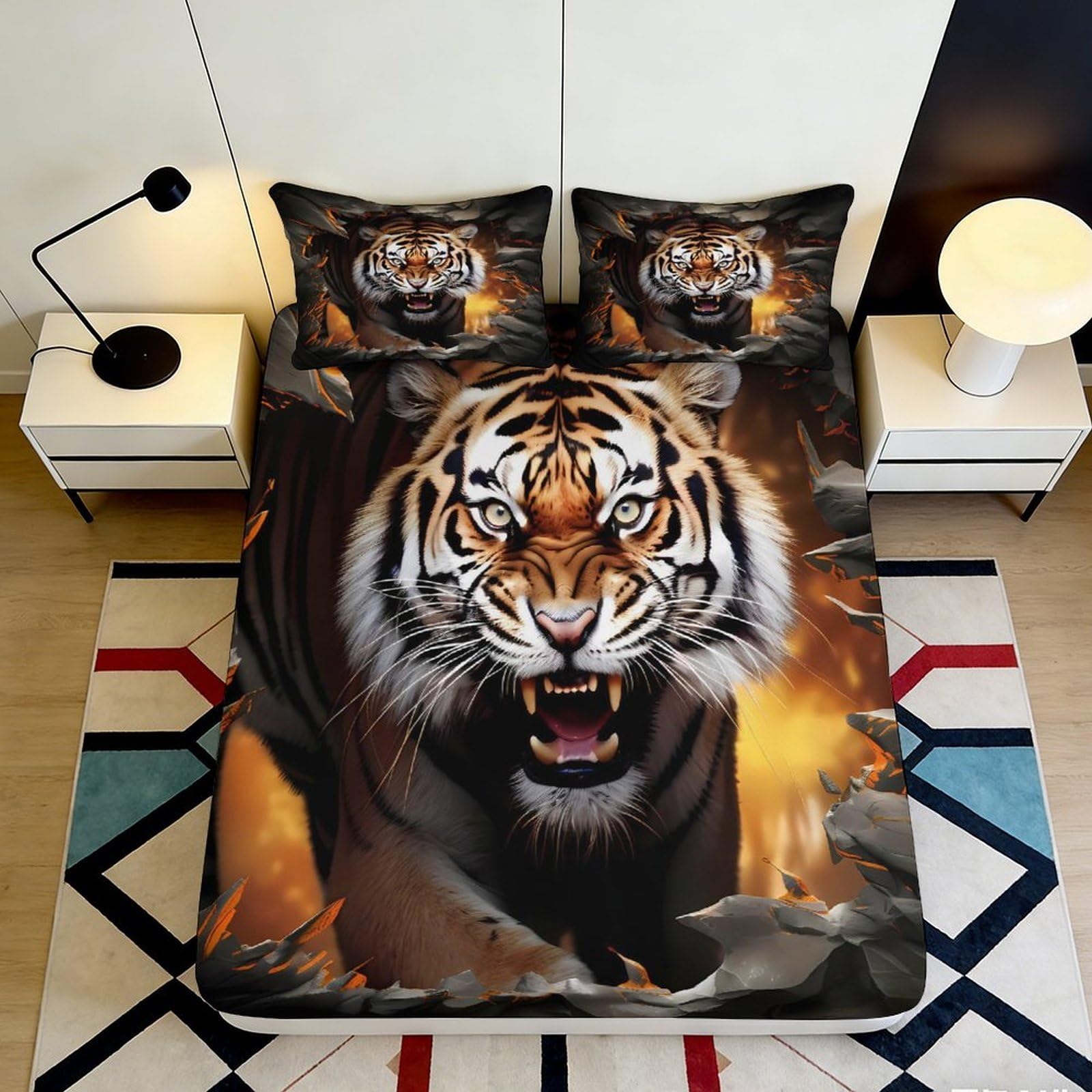 3D Printed Fierce Tiger Fitted Sheet Microfiber Soft Breathable Wild Jungle Bed Cover for Bedroom Guest Room Decor 140x200x25cm