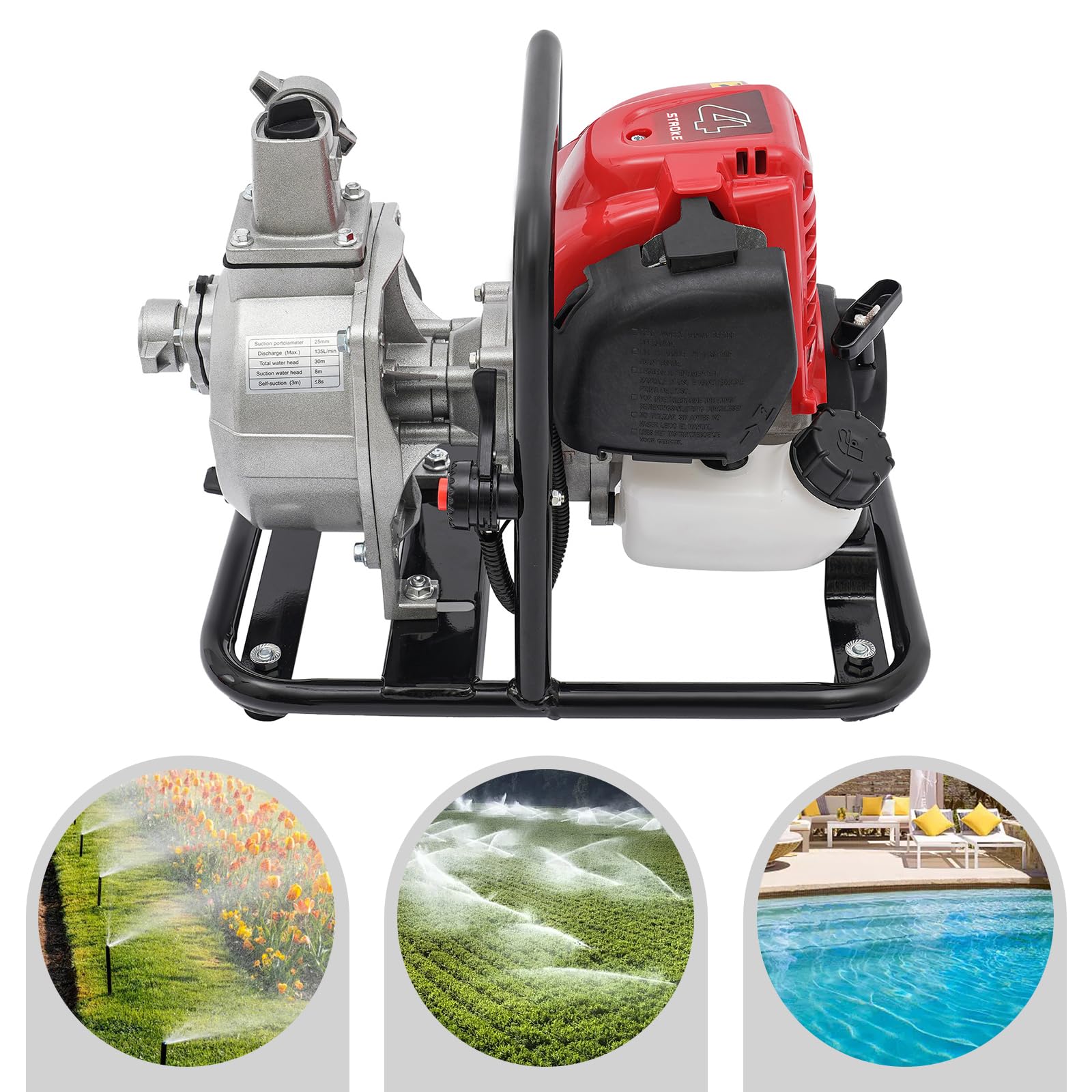 Pompe à eau essence 4 temps, portable avec filtre, 1,5 CV, eaux usées, bassin, jardin, submersible