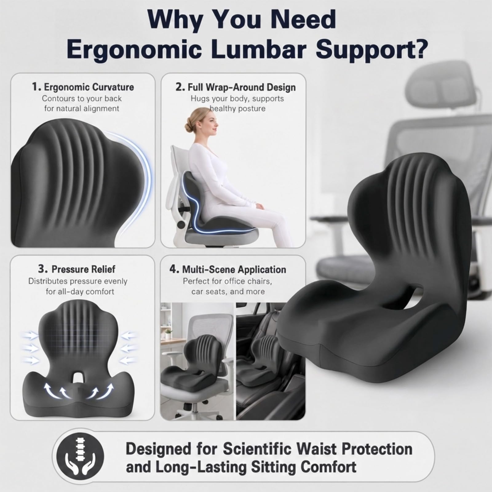 Cojín de asiento ergonómico ortopédico para silla de oficina, con respaldo, soporte lumbar para coche