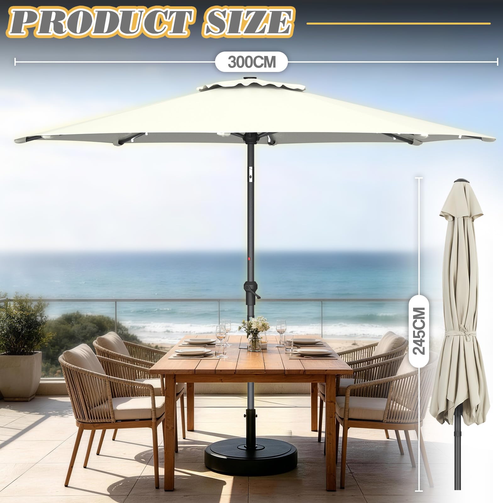 Sonnenschirm mit Beleuchtung Solar, Kleiner Balkonschirm Kippbar 45° ohne Ständer Windfest UV-Schutz, Gartenschirm Marktschirm Terrassenschirm Kurbelschirm Sonnenschutz