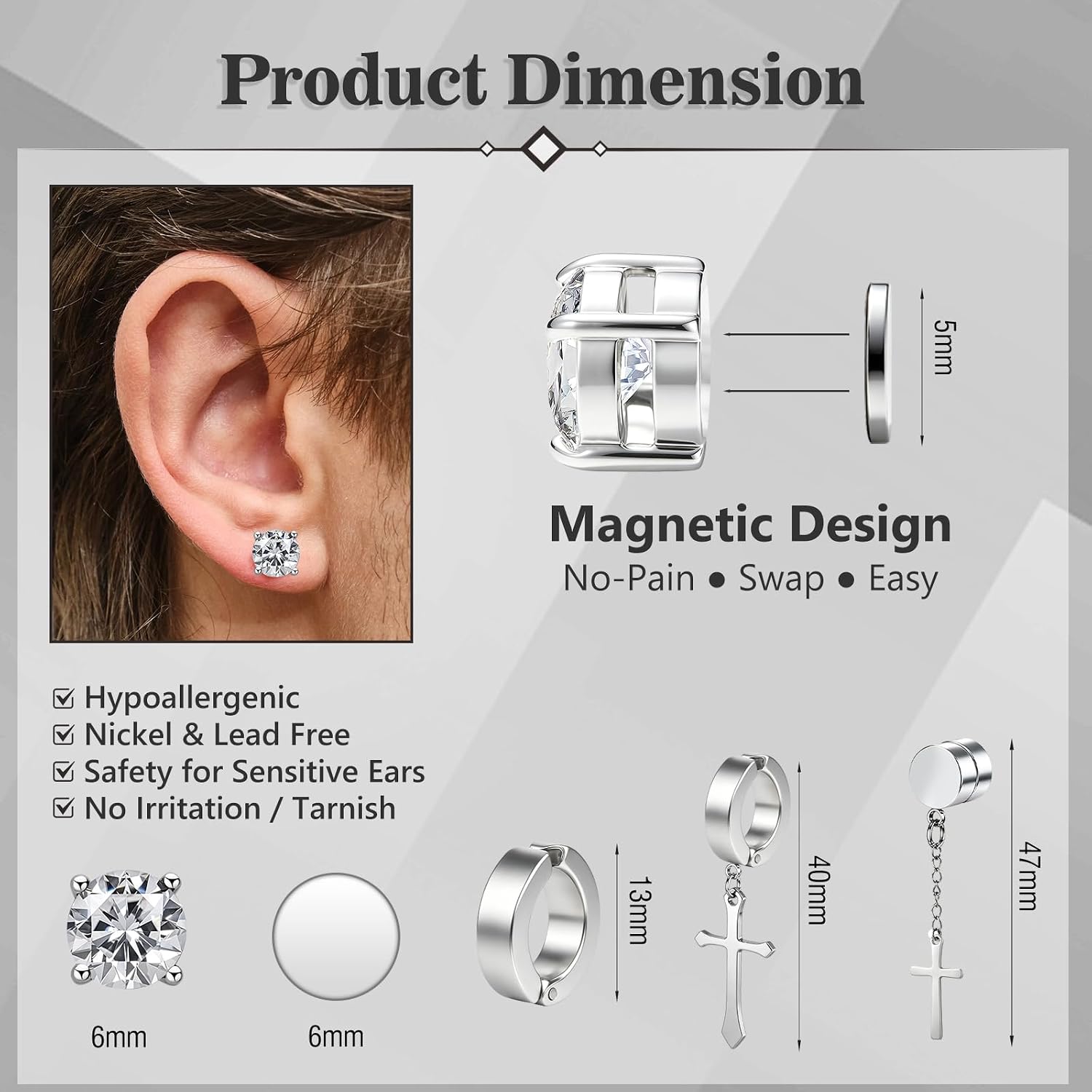 ONESING 15 Pairs Clip on Earrings for Men Stainless Steel Magnetic Earrings Unisex Dangle Cross Hoop Studs Non Pierced Earrings Set for Men Women
