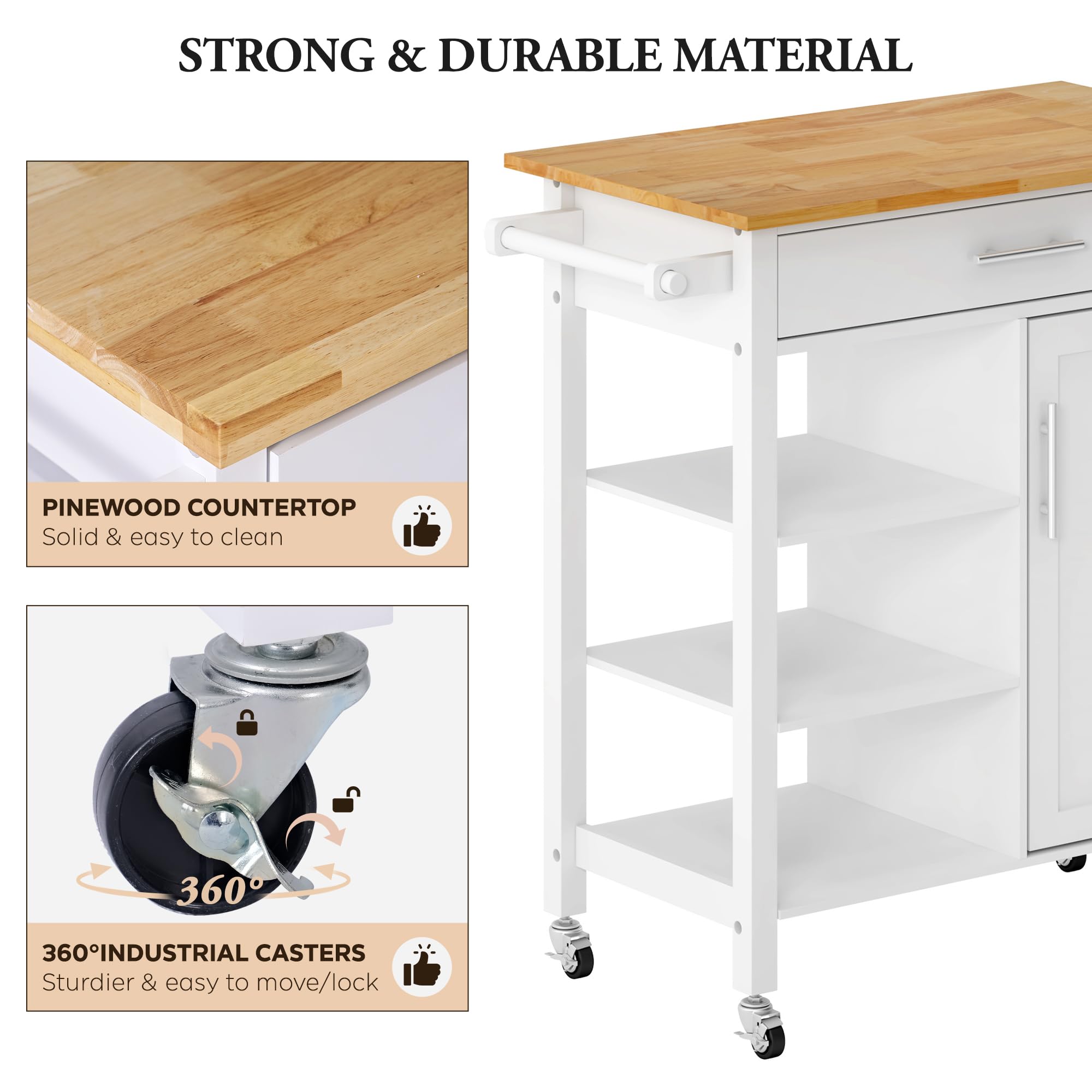 SogesHome Chariot de cuisine mobile îlot de cuisine sur roulettes avec grand tiroir 3 étagères et armoire avec porte et 2 étagères intérieures pour le rangement, 80 x 47 x 91,5 cm