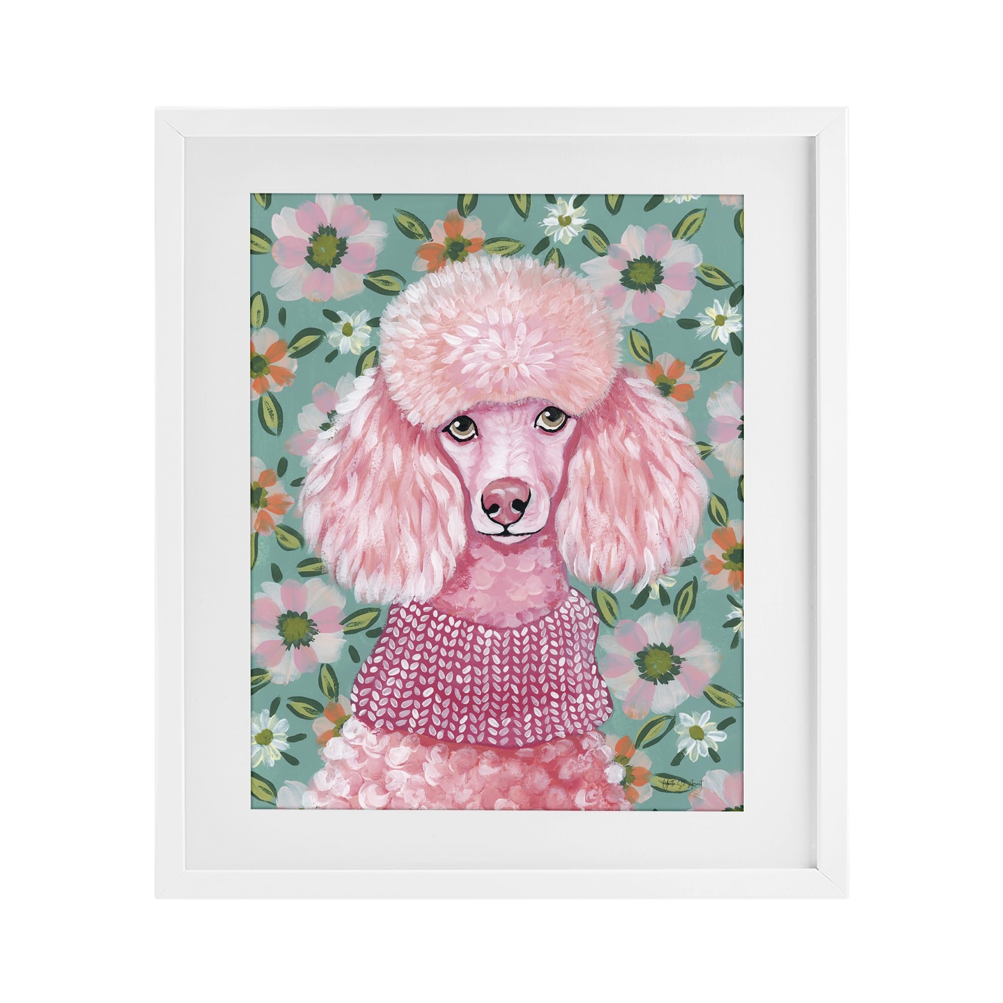 Stupell Industries Coastal White (Textured) 'Floral Poodle In Pink'| Framed Print Under Glass