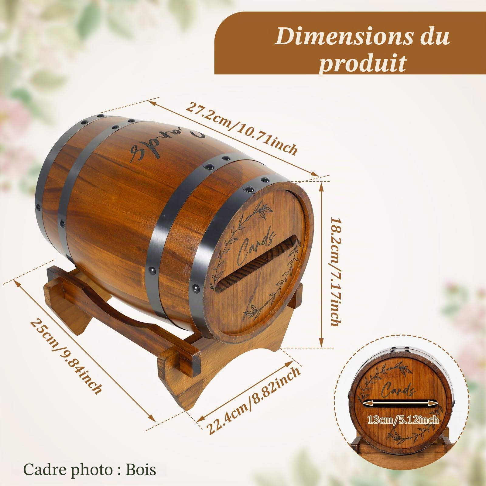 Boîte de rangement en bois pour cartes de mariage en forme de baril de whisky - Housse de rangement pour argent - Housse pour mariage, douche nuptiale, fête d'anniversaire - Décor (brun)