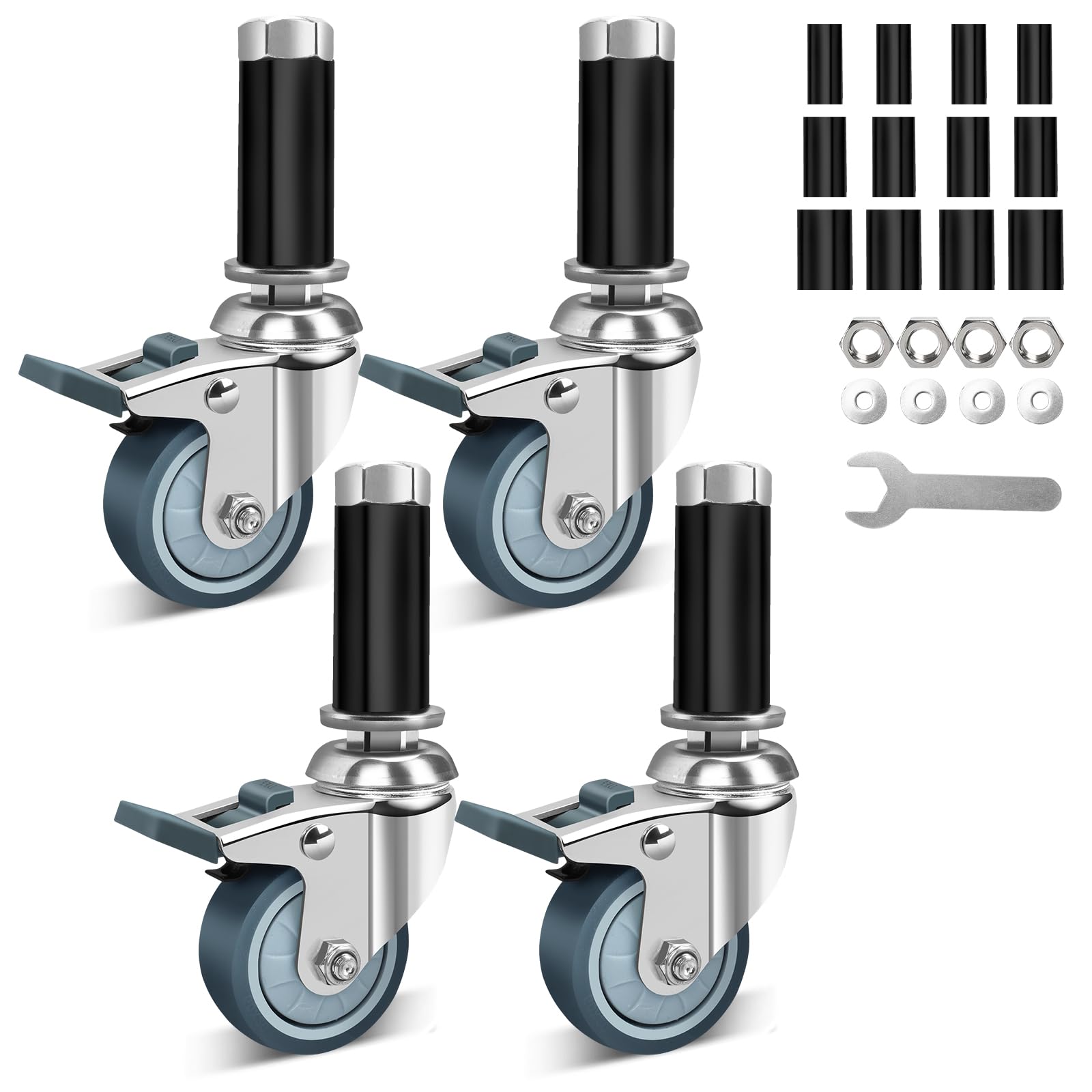 Set di 4 ruote con stelo estensibile da 2 pollici, ruote per scaffalature in filo metallico con freno di bloccaggio, ruote girevoli adatte a gambe tubolari da 7/8", 1", 1-1/8" per tavoli, carrelli e