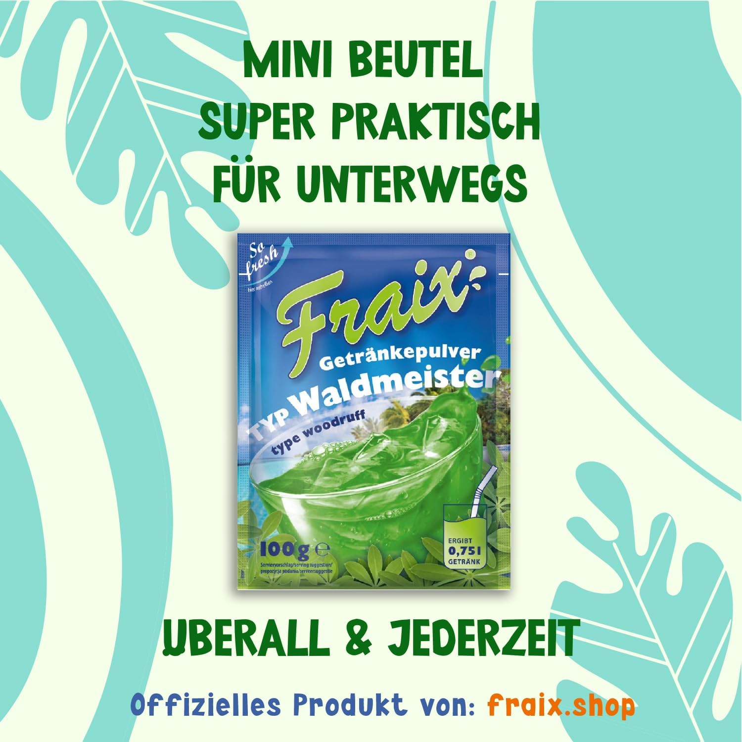 FRAIX Bebidas en polvo Waldmeister, paquete de 150 unidades (150 x 100 g), polvo refrescante instantáneo con sabor floral, polvo de fruta perfecto para pícnic, fiesta de cumpleaños