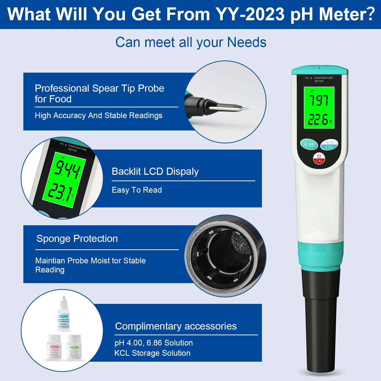 Medidor de pH de alimentos, probador digital de pH impermeable con sonda de pH y temperatura de alta precisión, ideal para masa madre, queso, muestras sólidas y alimentos líquidos, resolución