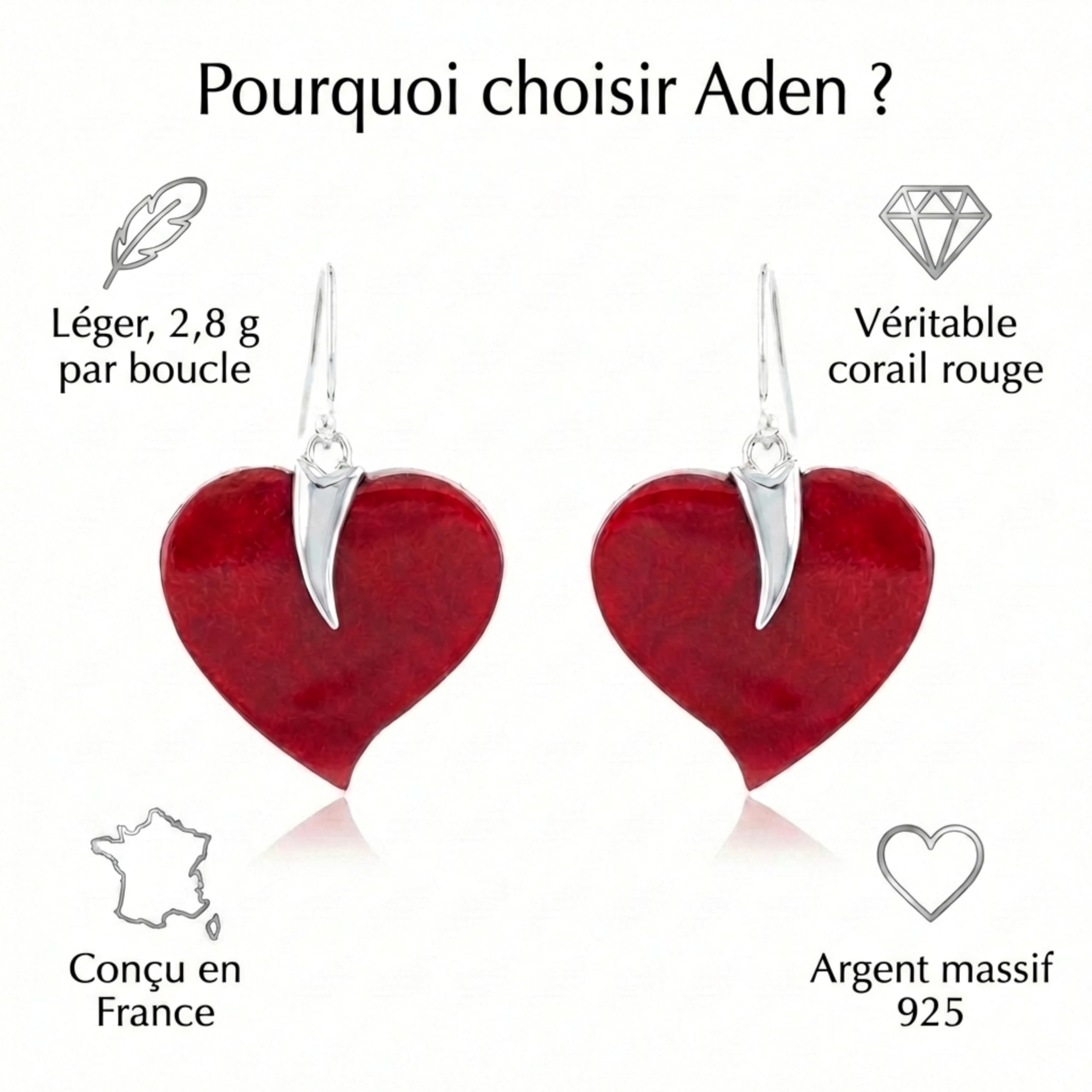 Aden Boucles Oreilles Argent 925 Corail Rouge Cœur Crochet
