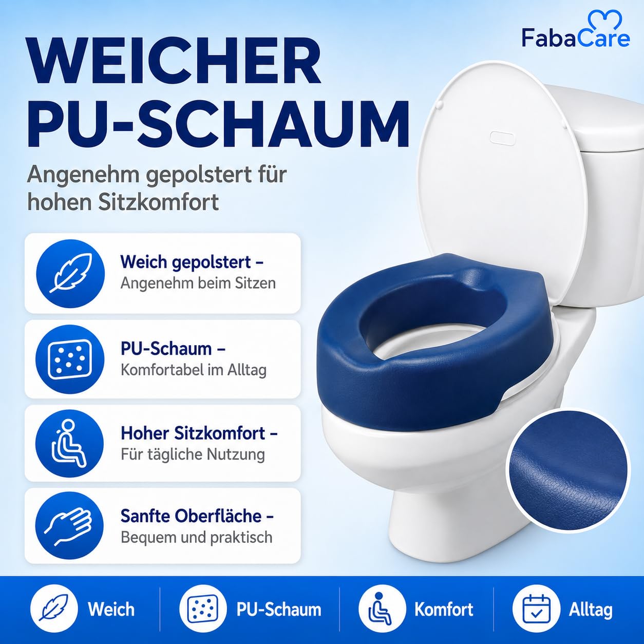 FabaCare Toilettensitzerhöhung Conti Soft, weicher Toilettenaufsatz, WC-Sitz blau, bis 100 kg, Höhe 10 cm