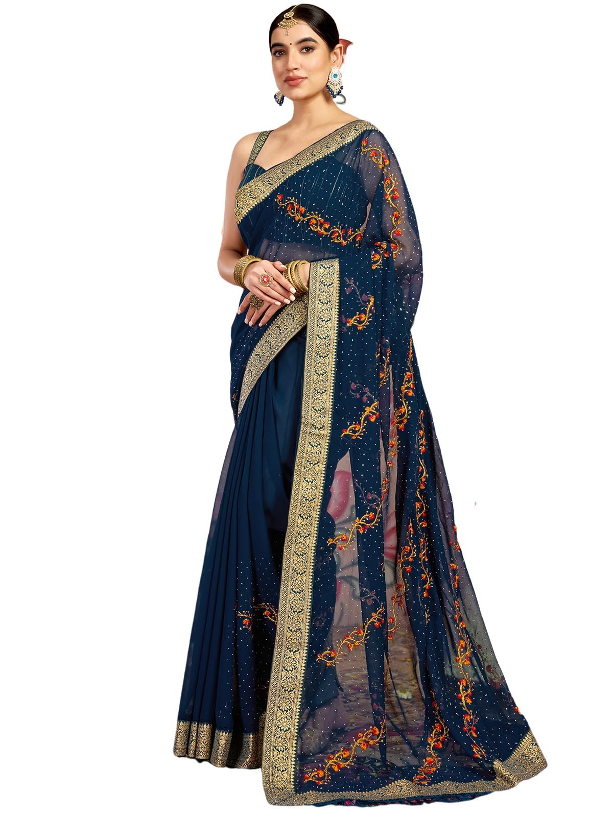 Satrani Women's Georgette Embroidery & Stone Work Saree With Unstitched Blouse Piece (4065S2827N_Rama Blue)