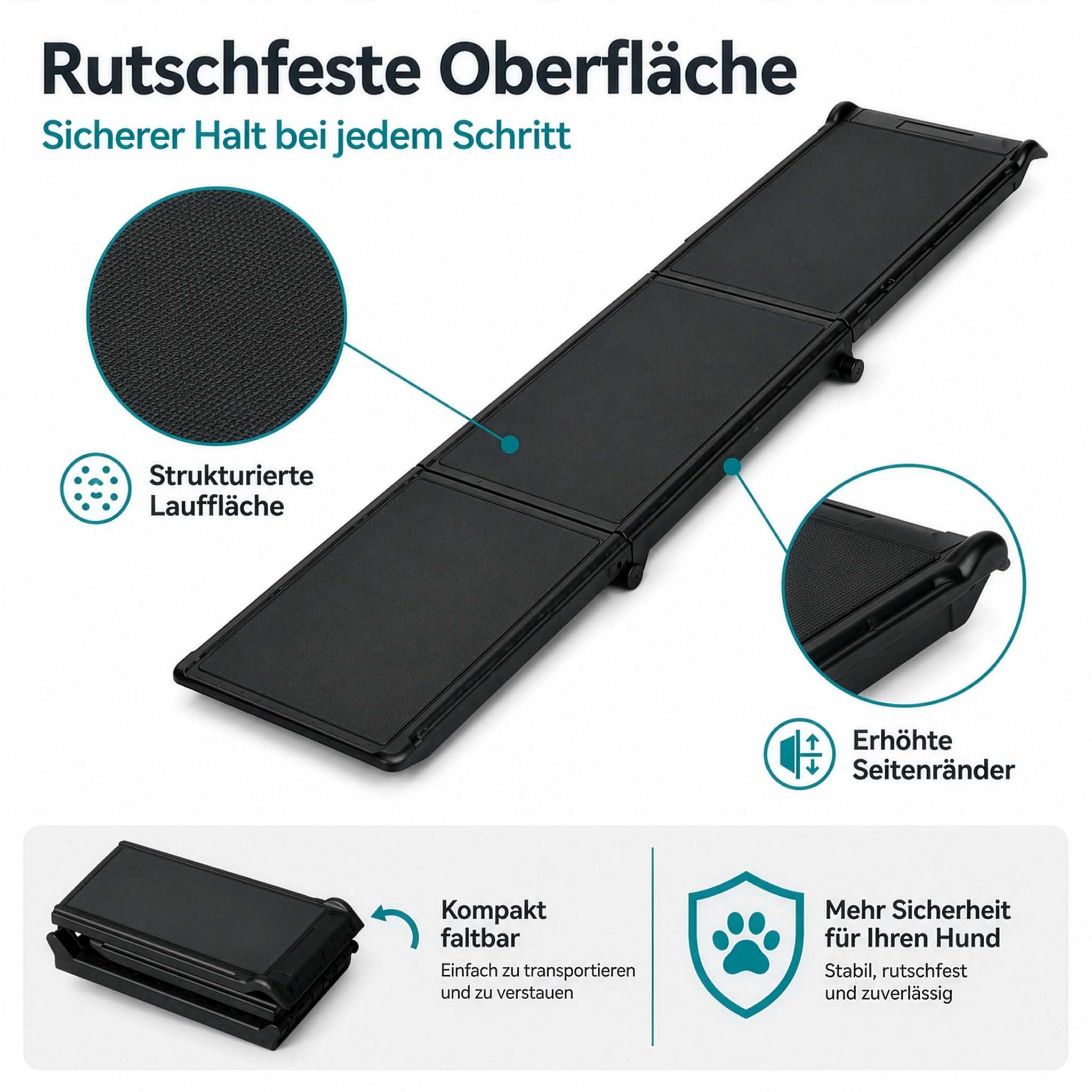 Wiltec Rampa dla psów 180 x 40 cm, nośność 50 kg, składana na trzy części, antypoślizgowa rampa samochodowa dla psów, składana pomoc do wsiadania wykonana z PP