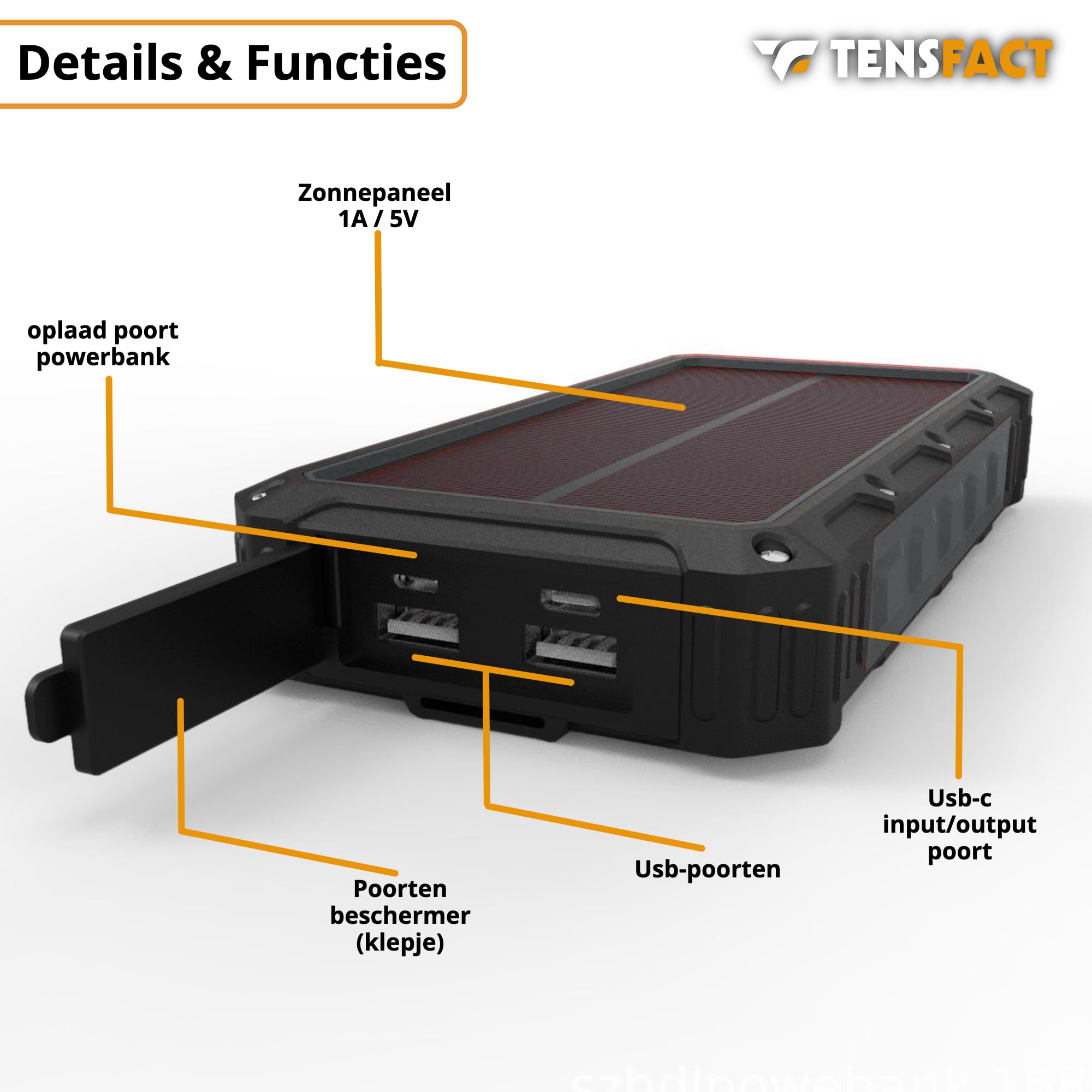 Solar Powerbank 36000 mAh Cargador Inalámbrico - Powerbank Solar - USB & USB-C (Negro)