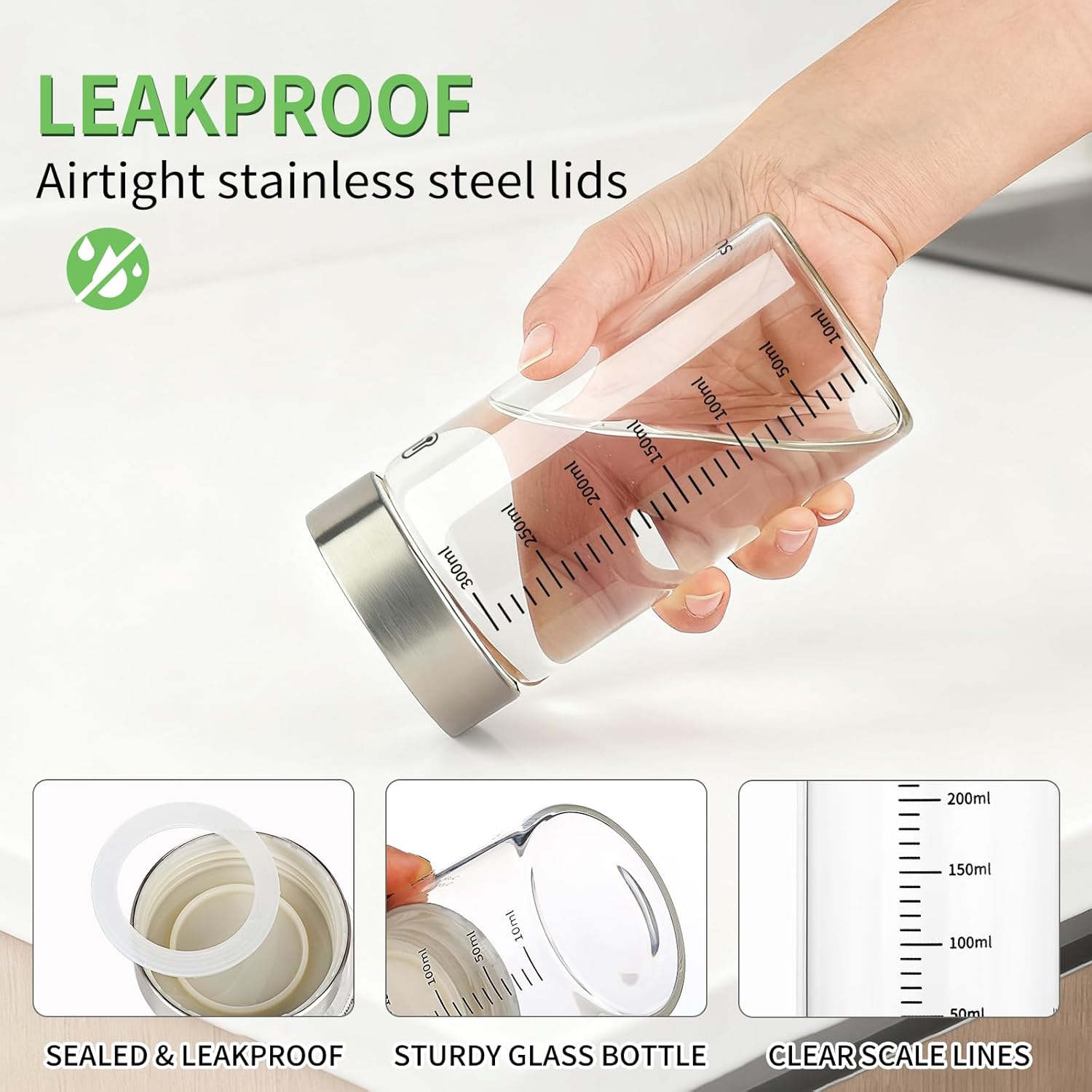 Glass Juice Bottles, 10 Oz Wide Mouth Reusable Borosilicate Glass Water Bottles Leak-Proof Stainless Steel Lids, Food Grade Safe, Fits in Cup Holder Juice Containers for Juicing, Gym, Daily Use 6 Pack